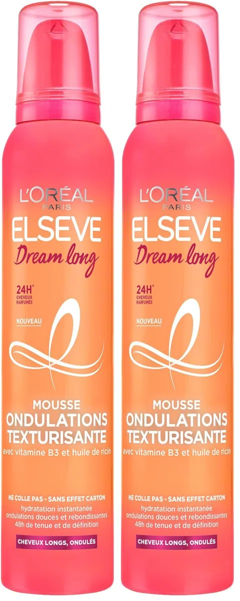 L’ORÉAL PARIS - Mousse Ondulations Texturisante - Cheveux Longs - Définition 48H - Vitamines B3 et Huile de Ricin - Sans Effet Carton - Elseve Dream Long - 200 ml (Lot de 2)