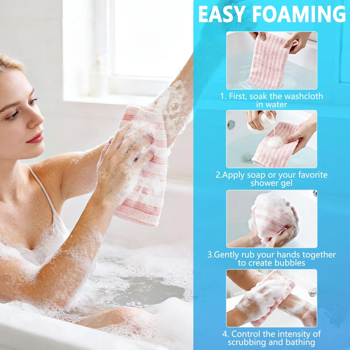 4 pièces de Serviettes exfoliantes japonaises-lingette Visage à Nettoyage en Profondeur, Chiffon de Lavage exfoliant Extra Long, Gant exfoliant pour Le Dos, Unisexe, Double Face,pour Bain et Sauna