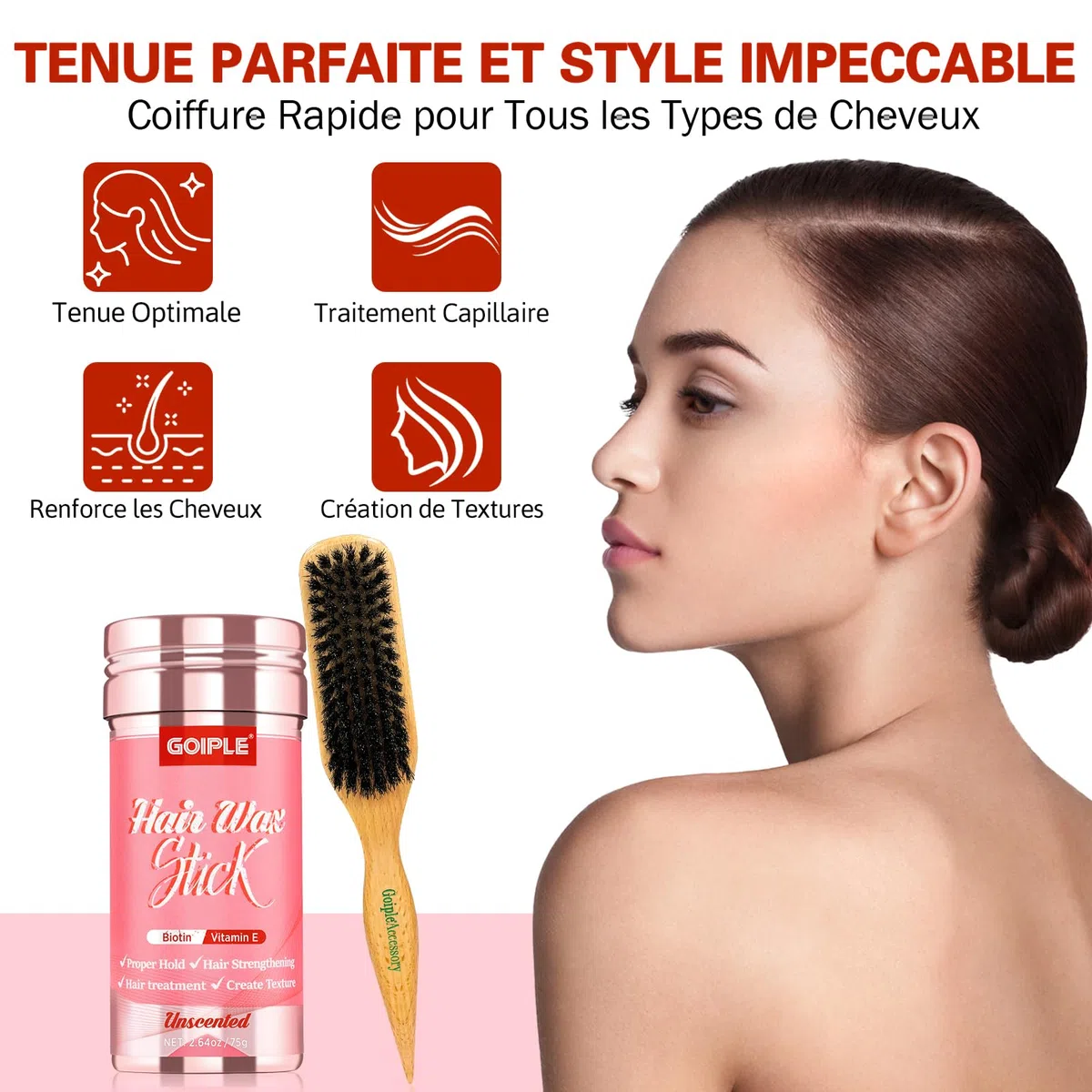 Hair Wax Stick Stick Cheveux Plaquage, Stick Cheveux Longue Tenue, Stick Plaquage Cheveux Lissant & Coiffant pour Femmes, pour Lisser, ContrôLer Edge Rebelles Avec Brosse Poils Sanglier