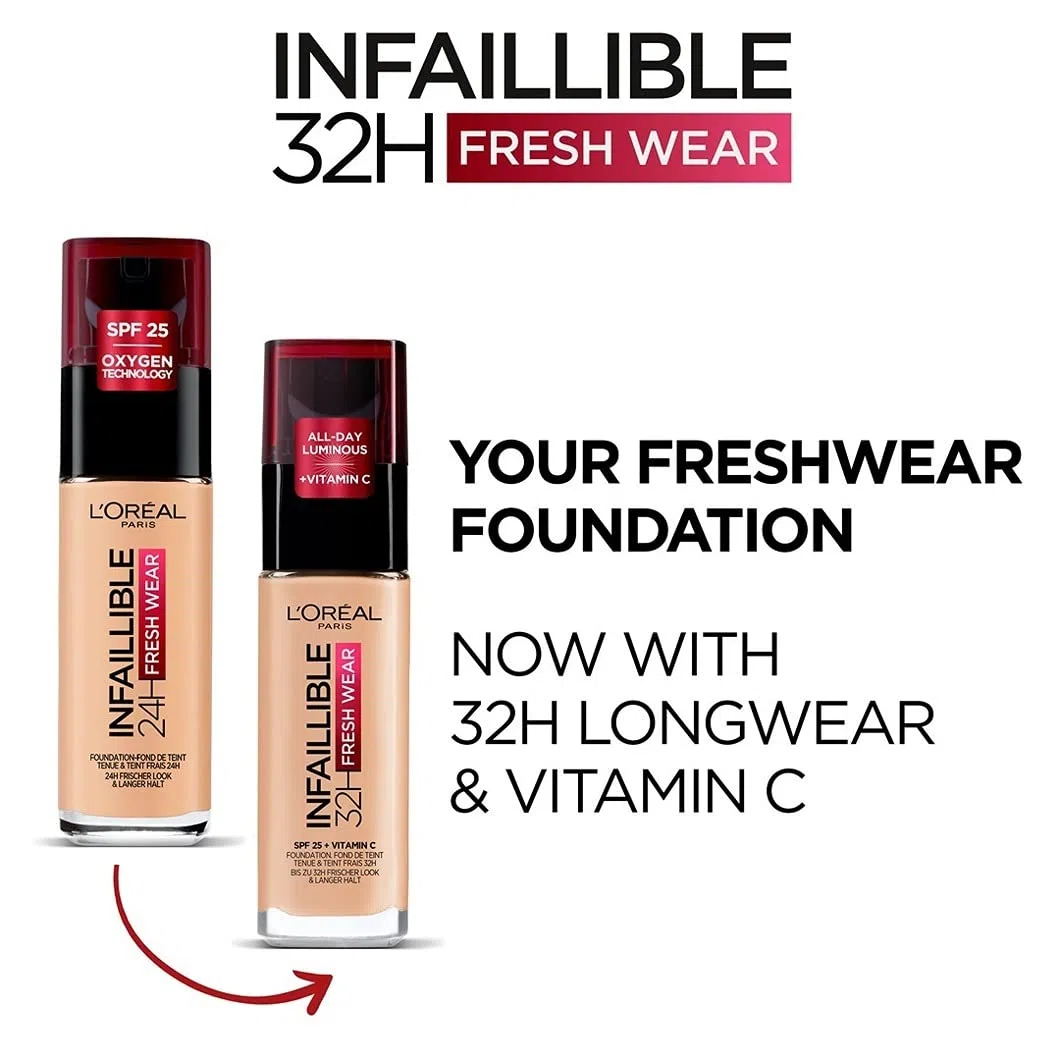 L'Oréal Paris - Fond de Teint Fluide Infaillible 32h Fresh Wear - Tous Types de Peau - Teinte : Sable Éclat (250) - 30 ml