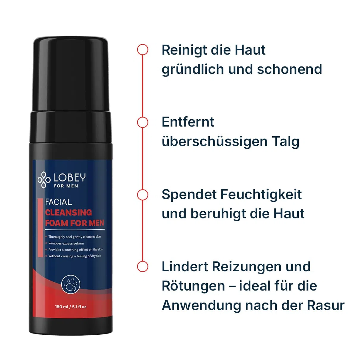 LOBEY Mousse nettoyante pour homme - Nettoyage doux du visage avec BioDtox, glycérine et poivre de Tasmanie - Pour peaux sensibles et après rasage - Naturel et rafraîchissant (150 ml)