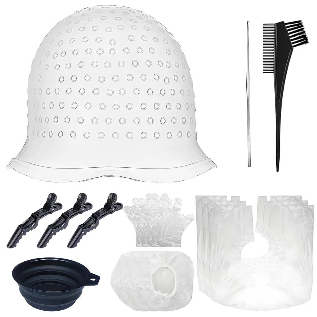 1 Set Bonnet Meches Cheveux, Kit Coloration Cheveux Professionnel avec Bonnet en Silicone et Outils, Pour Salon de Coiffure et Usage Domestique, Noir et Blanc