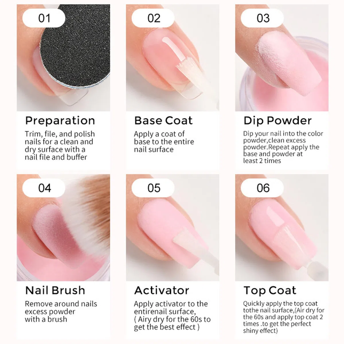6 pièces de poudre de trempage, 6 couleurs poudre trempage d'ongle acrylique, kit bricolage longue durée à séchage rapide pour les débutants manucure bricolage, kit démarrage d'ongles
