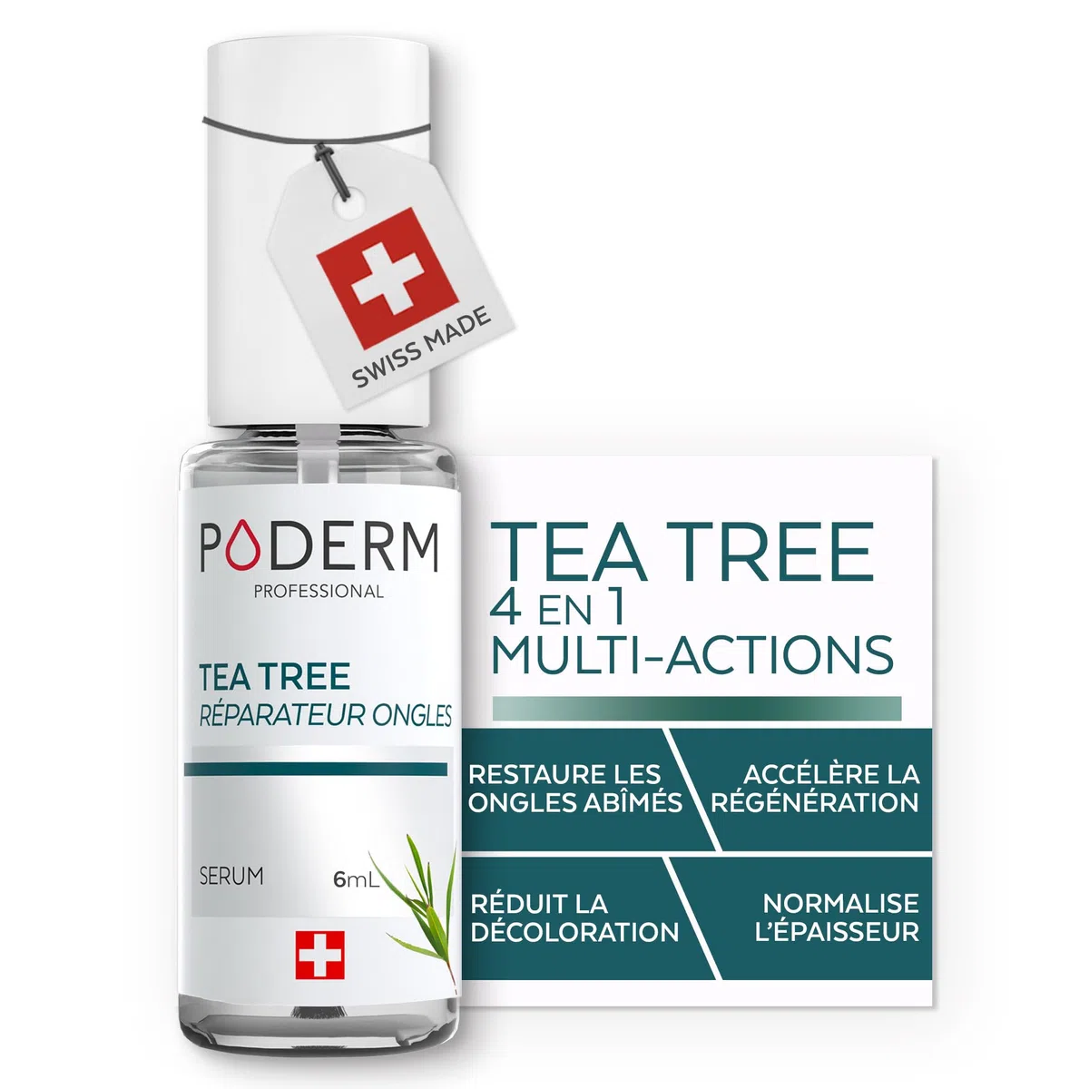 PODERM Tea Tree Réparateur Ongles 6 ml– Sérum 4en1 | Améliore l’apparence des ongles abîmés, jaunis et ternes – Uniformise l’épaisseur – Résultats visibles dès le 1er jour – 100% naturel – Swiss Made