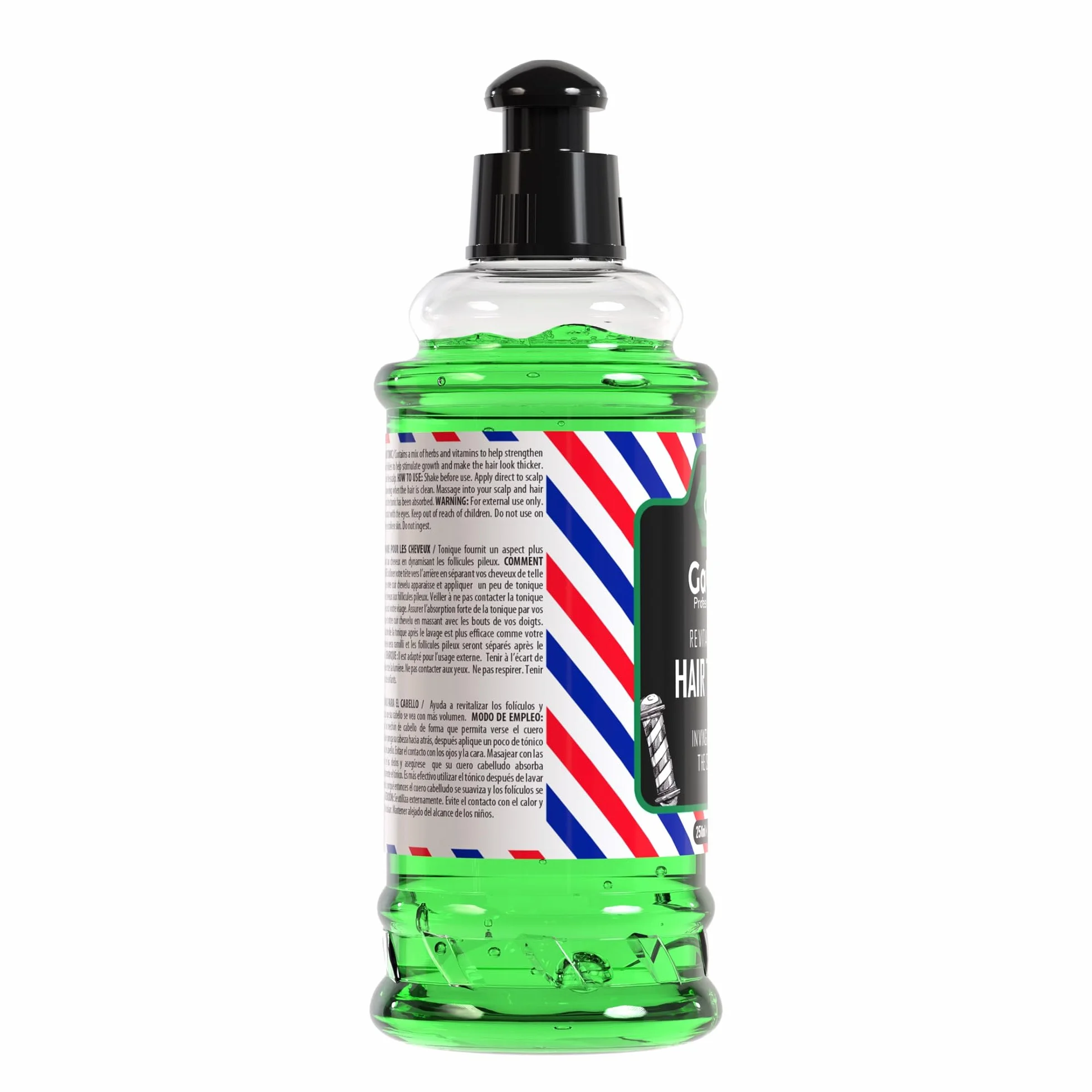 Tonique pour cheveux - Avec un design attrayant de Barber Shop - Vert rafraîchissant à l'intérieur et parfum irrésistible - 250 ml (1 pièce)