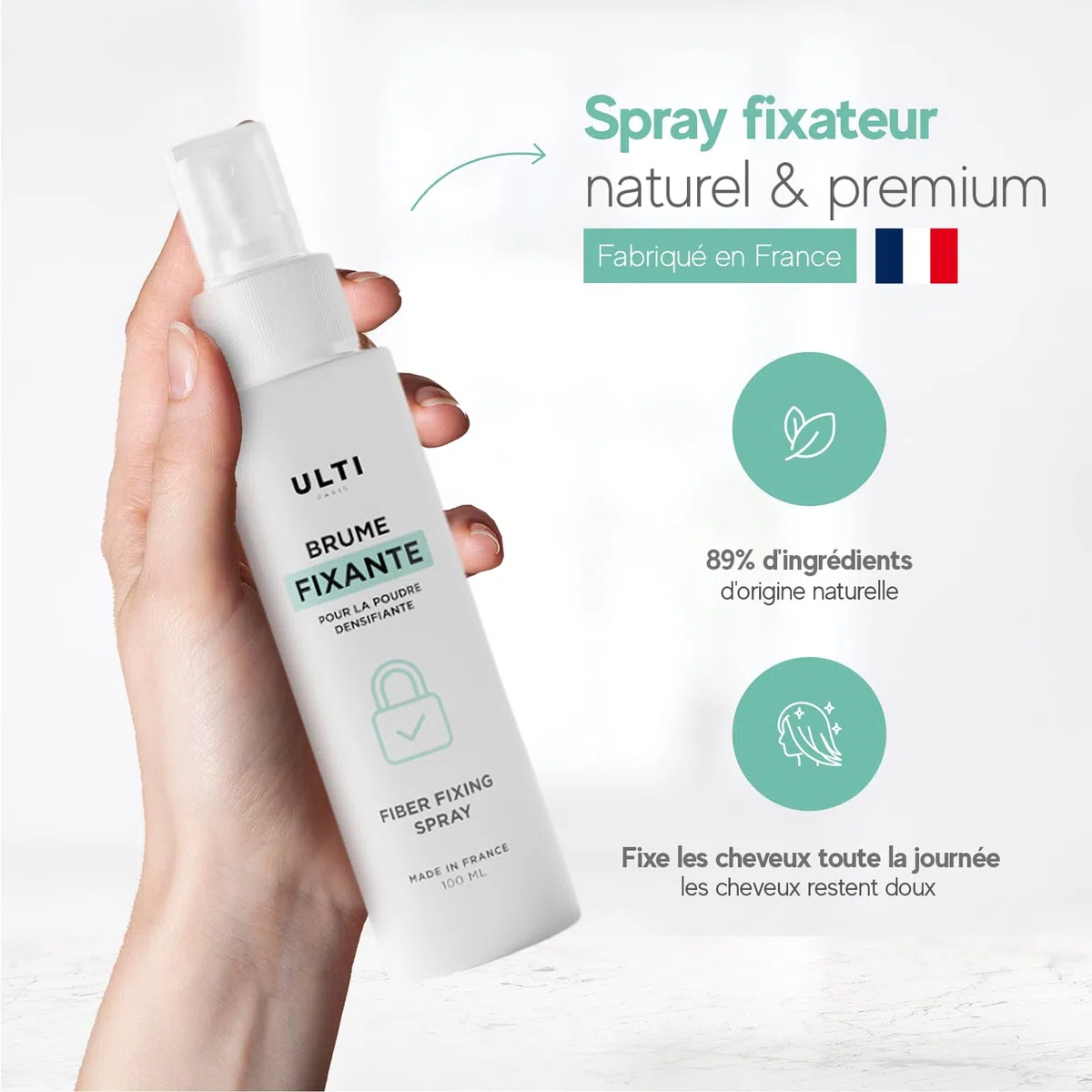 Spray fixateur 100ml - 100% fabriqué en France - 89% origine naturelle - laque cheveux sans aerosol - parfait pour poudre densifiante pour cheveux - spray coiffant homme & femme