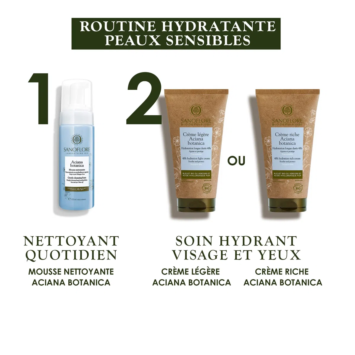 Sanoflore – Mousse Nettoyante Démaquillante Visage & Yeux Bio Aciana Botanica 150ml + Crème Hydratante Visage Légère Bio Aciana Botanica 50ml