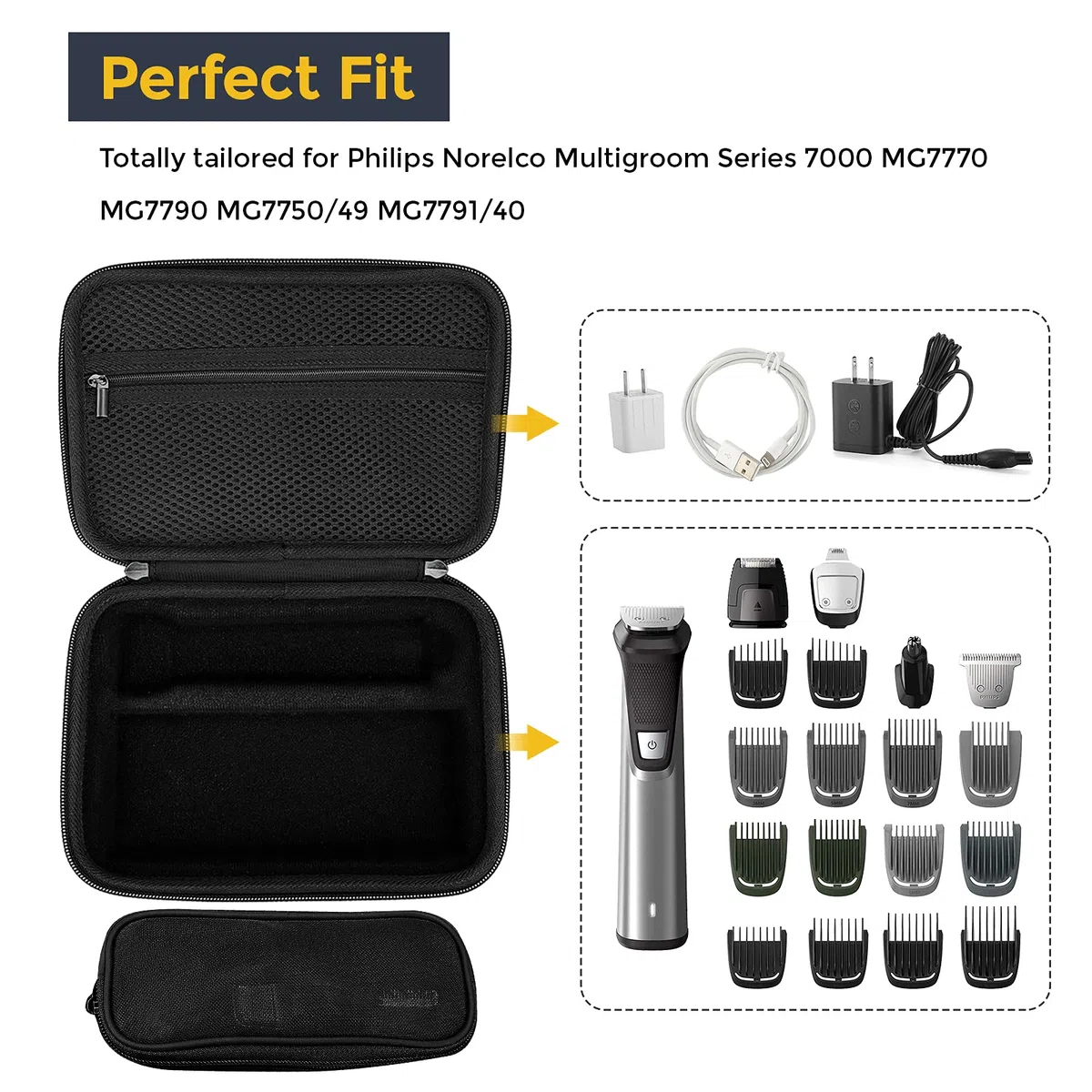 ProCase Étui pour Philips Multigroom Series 7000(MG7930/15)/ 9000(MG9530/15) Tondeuse à Barbe Homme, Boîte de Rangement pour Philips Series 9000, Sac Rigide de Voyage pour Rasoir et Accessoires -Noir