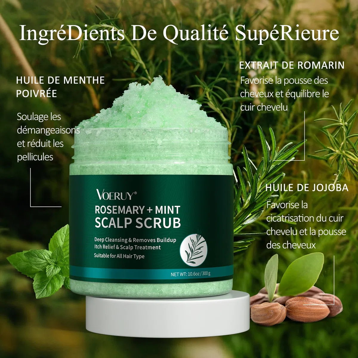 Gommage du cuir chevelu, shampooing exfoliant pour cuir chevelu au romarin, traitement 2 en 1 du cuir chevelu à l'huile de menthe, traitement capillaire pour clarifier et enlever l'accumulation avec