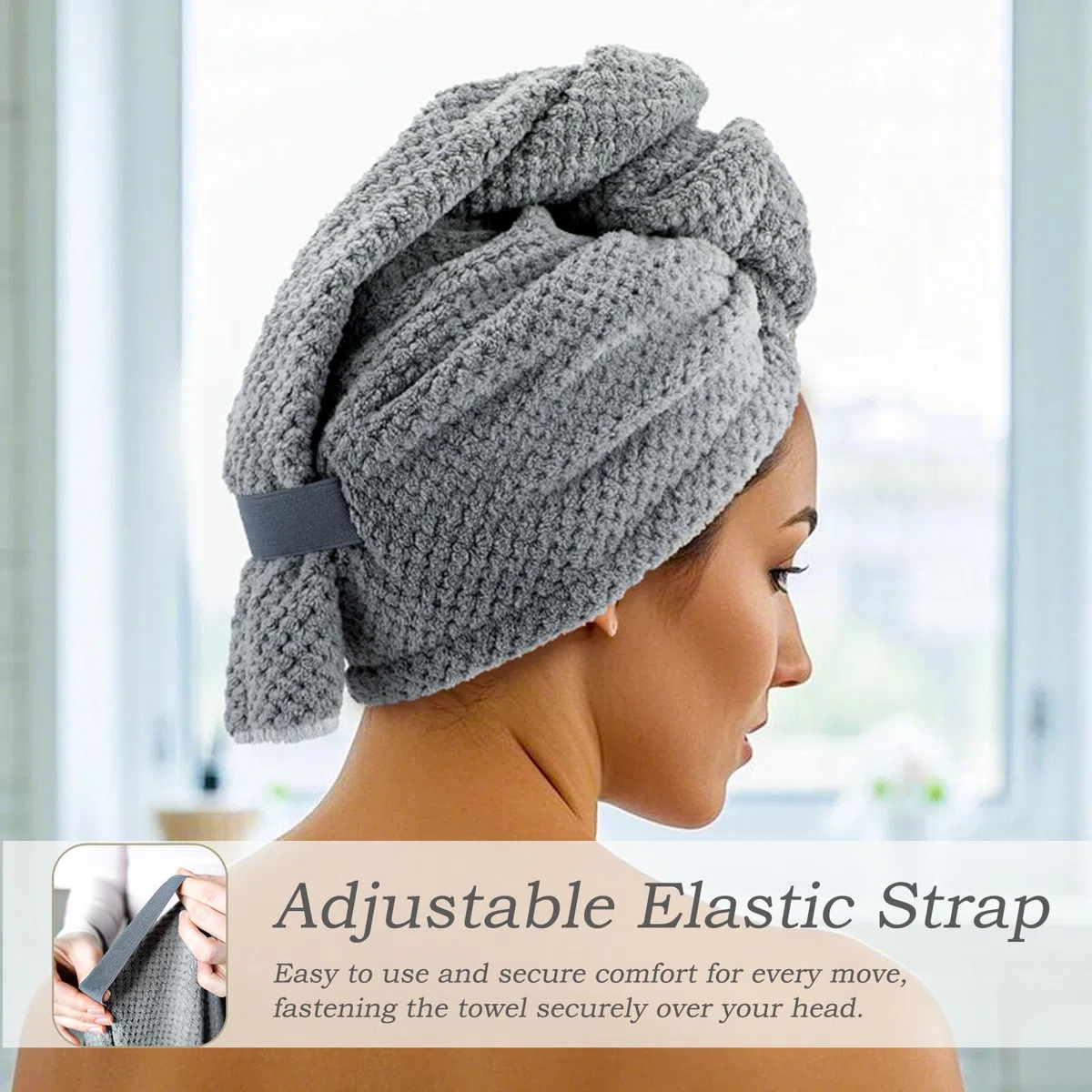 Lot 2 Grandes 86x26 CM Serviette Microfibre Cheveux pour Longs et Bouclés, Super Absorbantes, Serviette Cheveux Sechage Rapide avec Sangles Elastiques pour Femme, Serviette de Séchage, Gris