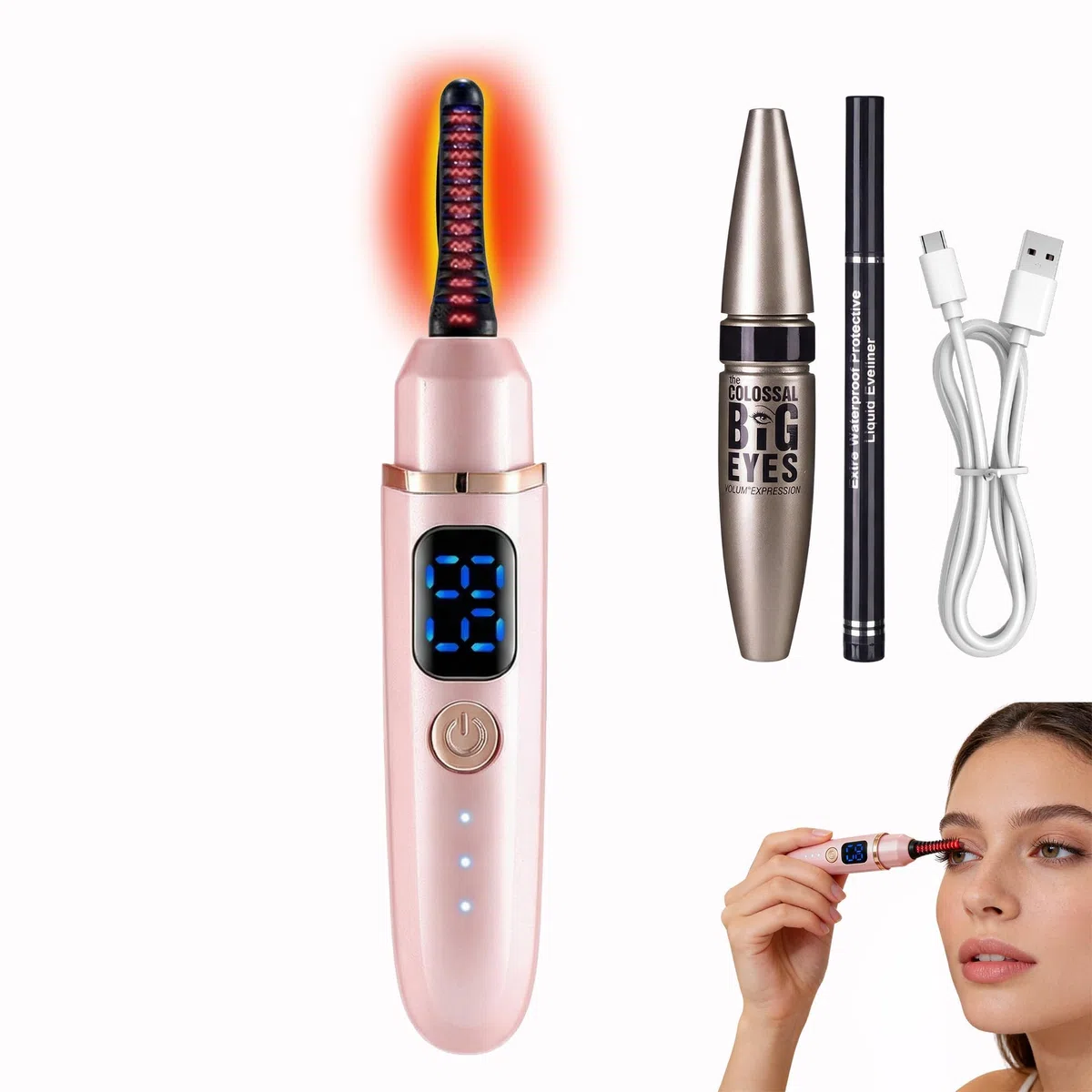 Recourbe-Cils Chauffant Électrique Rose, 3 Températures Intelligentes, Type-C Chargement, Curl Naturel Rapide, Kit Portable avec Mascara, Eyeliner, Contrôle Précis et Double Sécurité