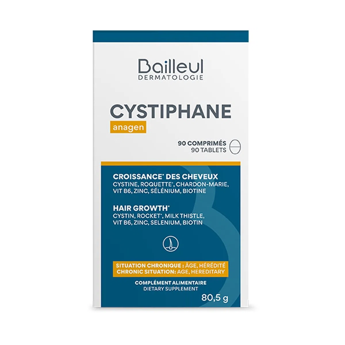 Bailleul | Cystiphane Anagen | Complément alimentaire Cheveux | Favorise la croissance & la résistance des cheveux | Chute de cheveux chroniques | Cystine – Vitamine B6 | 90 comprimés