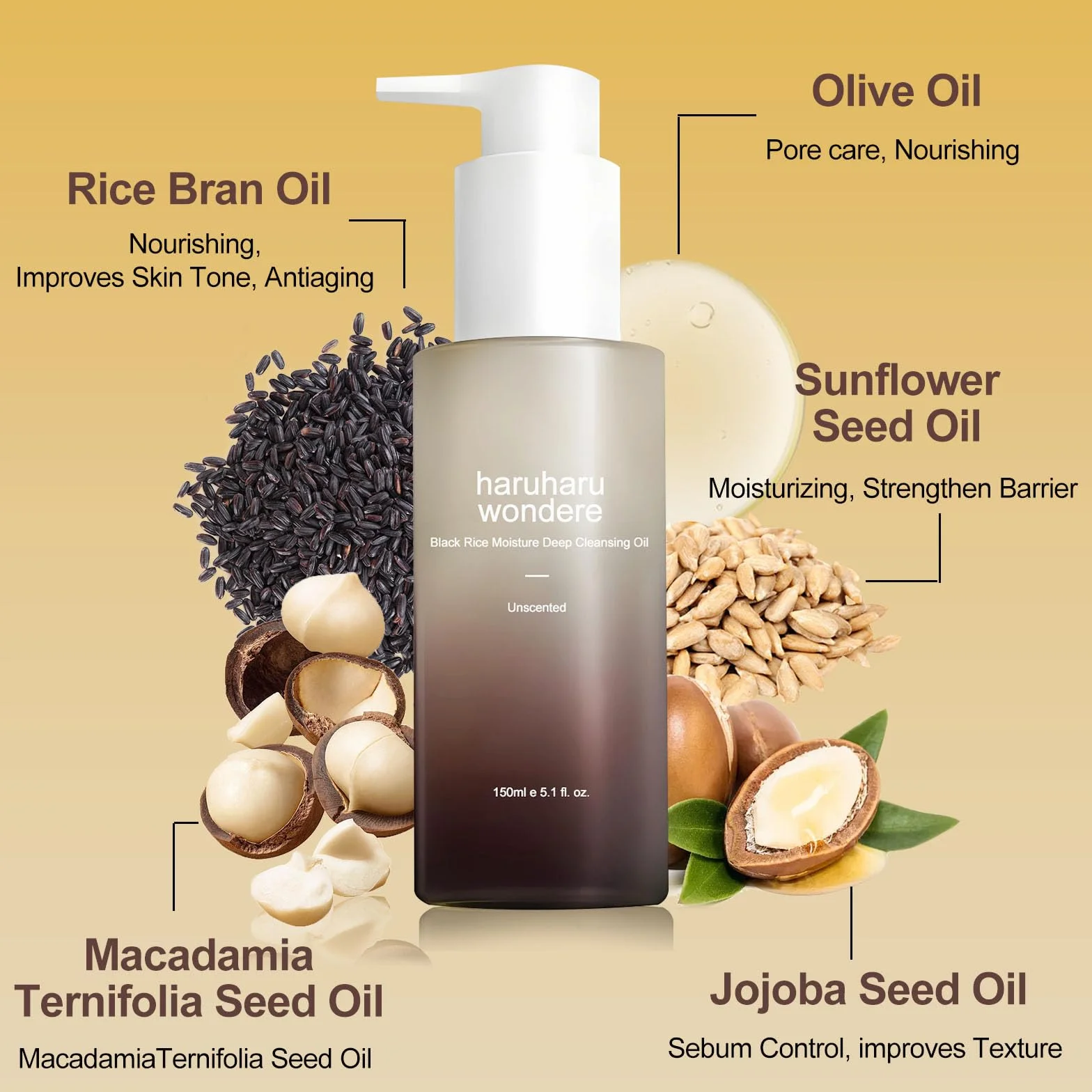 Black Rice Moisture Huile nettoyante en profondeur | Nettoyant et démaquillant visage coréen, produit végétalien et sans cruauté animale | Huile de Jojoba, Huile de Macadamia