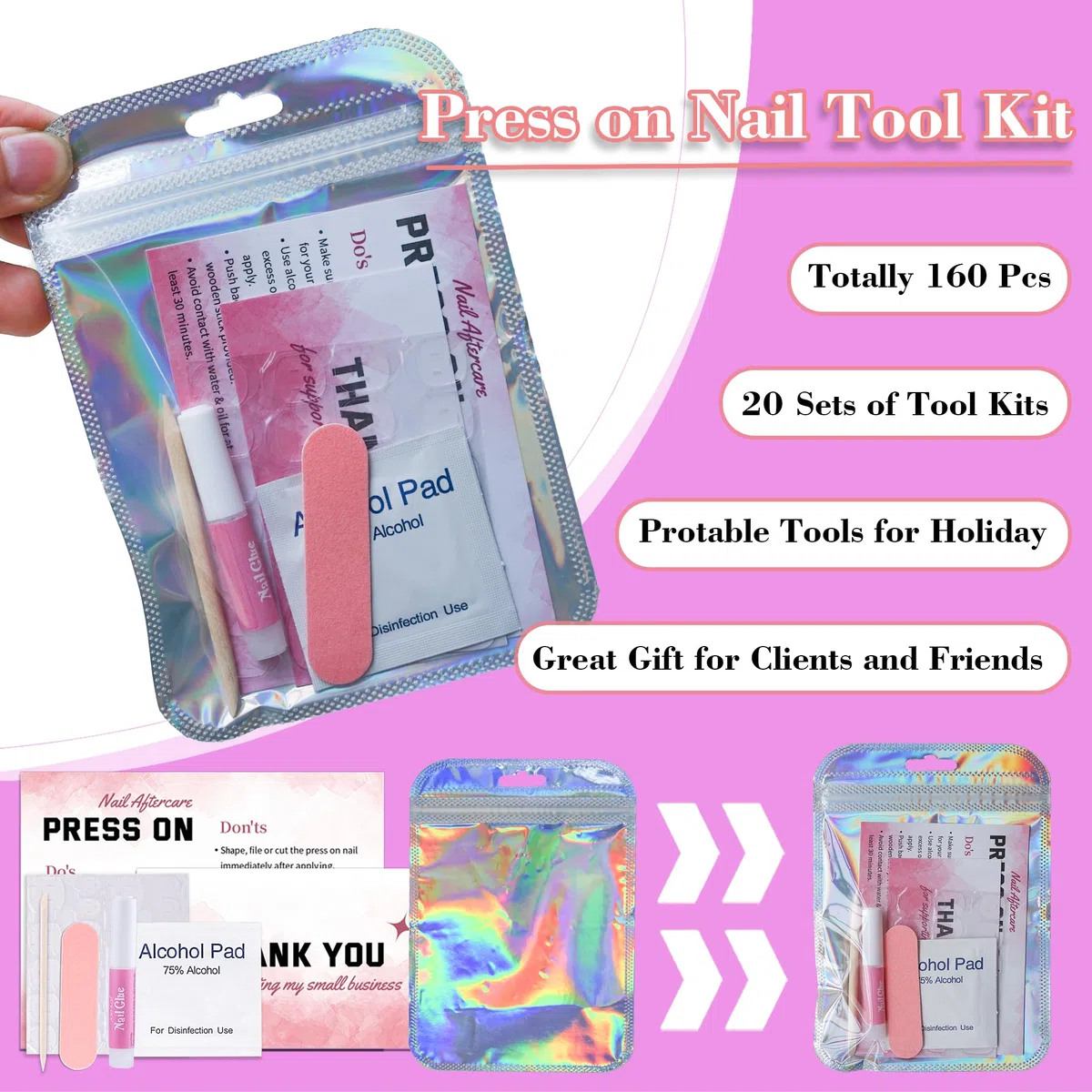 20 Sets Kit Pour Ongles Pressé Jetable de Préparation Pour Ongles, Colle pour lime à ongles, Pad de Préparation, Pastilles Adhésives pour Ongles, Bâtonnet en Bois, Notice d’utilisation, Sac (Rose)