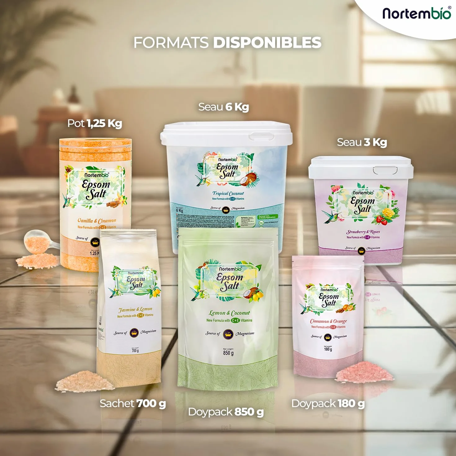 Nortembio Sels d'Epsom Parfumés 1,25 kg Sel de Bain au Magnésium, Vitamines C & E | Bain de Pieds, Spa Maison, Relaxation et Bien-être | Parfum au Choix + eBook Gratuit (Fraises & Roses)