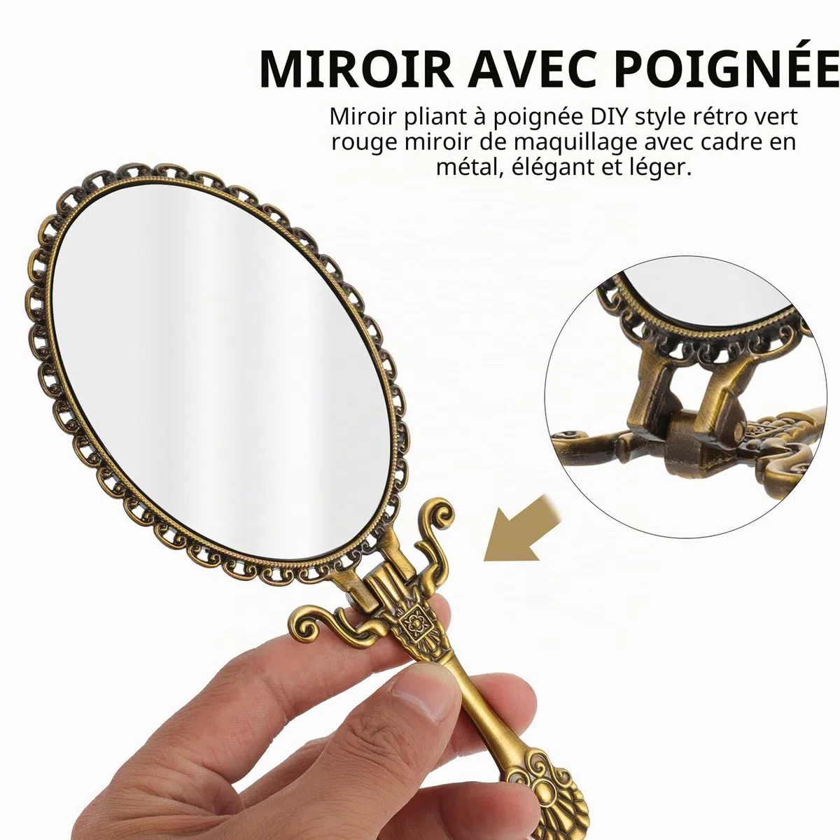 Miroir à Main élégant avec poignée Vintage pour Le Maquillage Miroir à Main de Voyage rétro en métal pour Femme pour Anniversaire