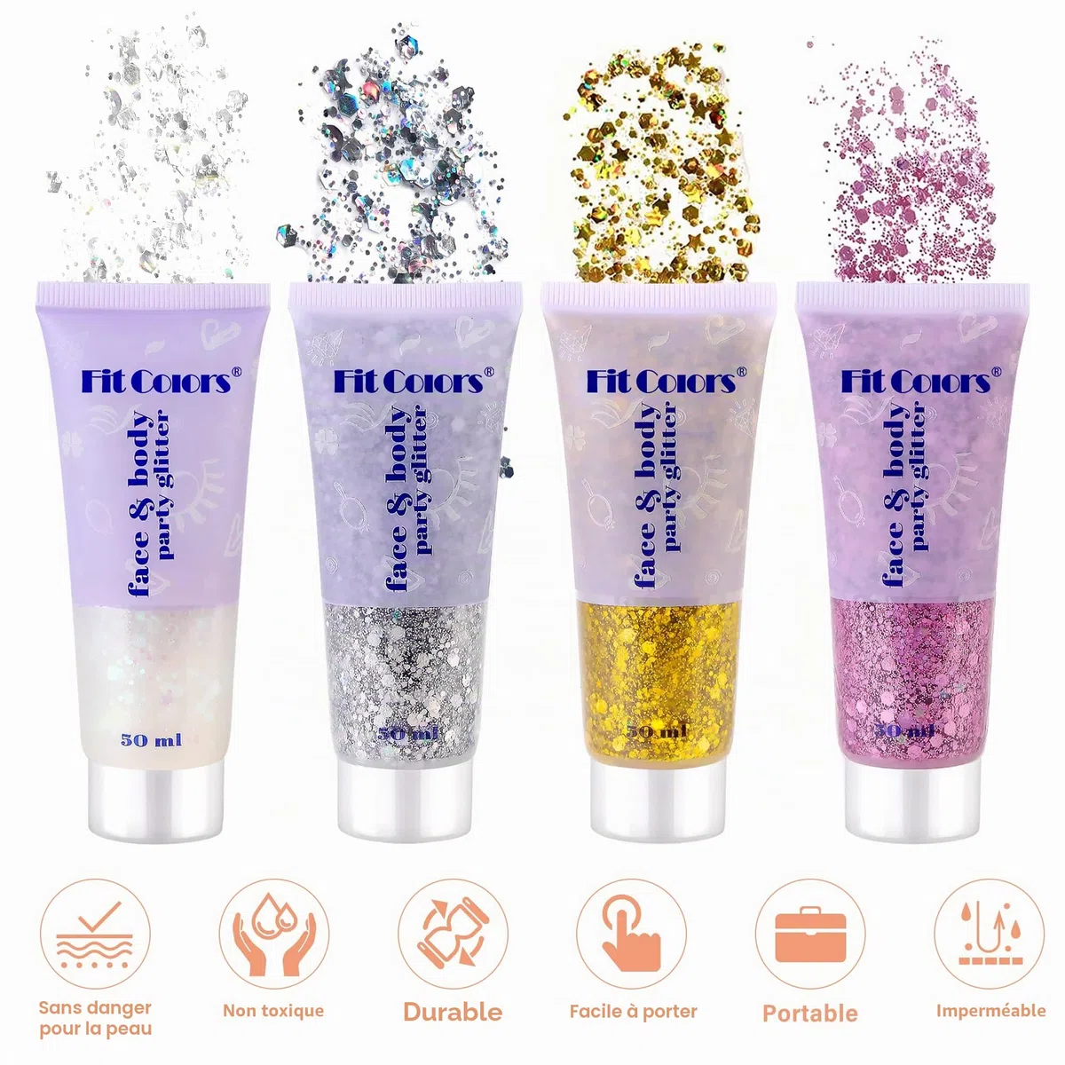 Vegena - Lot de 5 bouteilles de gel pailleté pour le corps - Pour le visage, les cheveux, les lèvres, les ongles, les festivals, les fêtes - Blanc + argent + or + rose + bleu