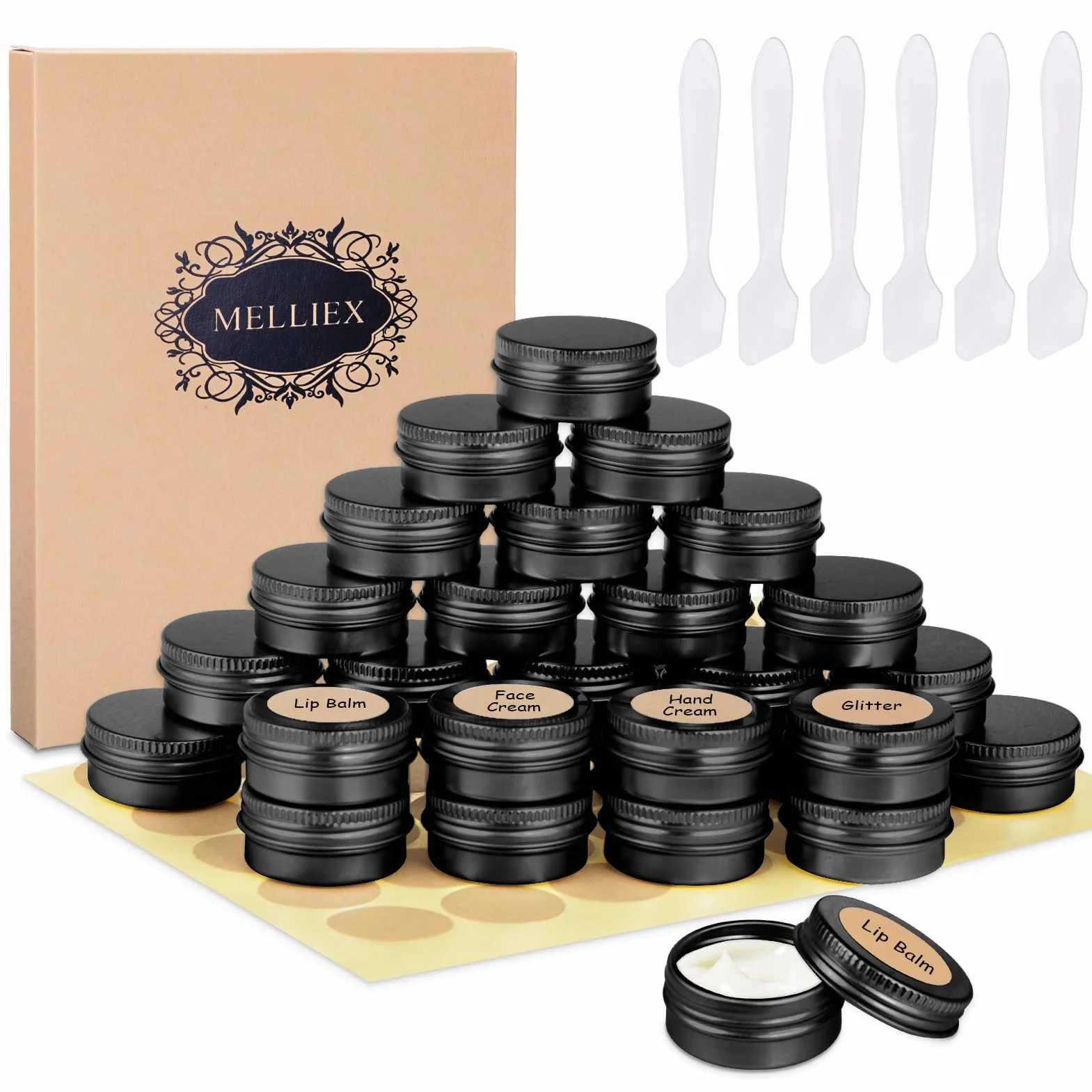 30 Pots en Aluminium de 15 ML, Pots de Contenants Cosmétiques Vides avec Spatule et Autocollants d'Étiquettes pour Échantillon, Baume à Lèvres - Noir