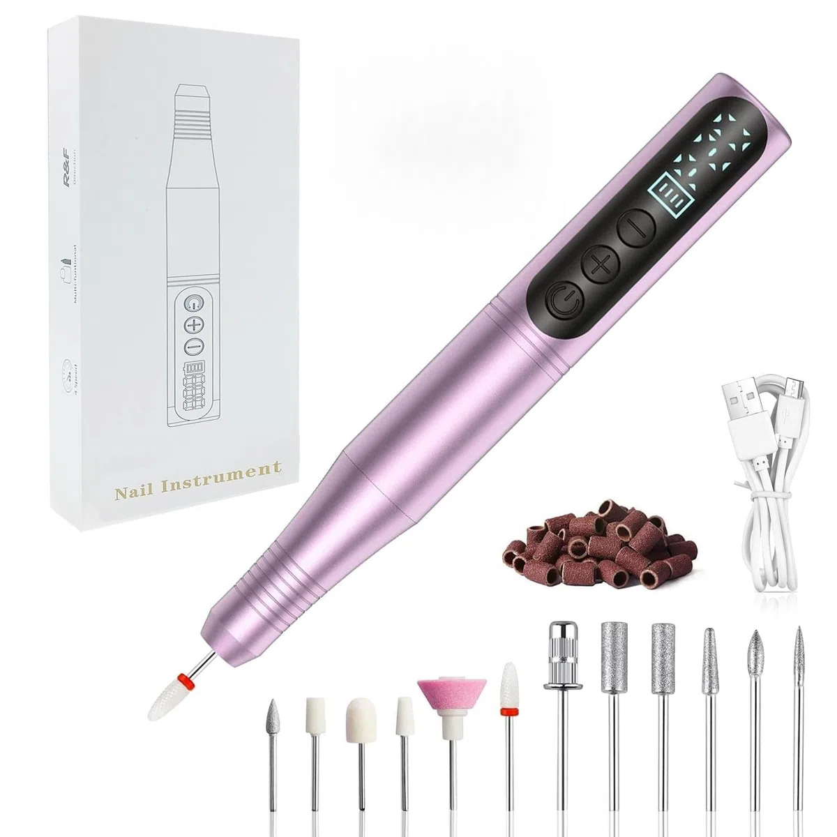 Ponceuse pour Ongles Professionnelle 20000 tr/min, 12 en 1 Lime à Ongles Electrique pour Ongles Acryliques et Gels, Set Manucure Electrique Complet, Écran LED, USB-C, 12 Embouts + 36 Bandes