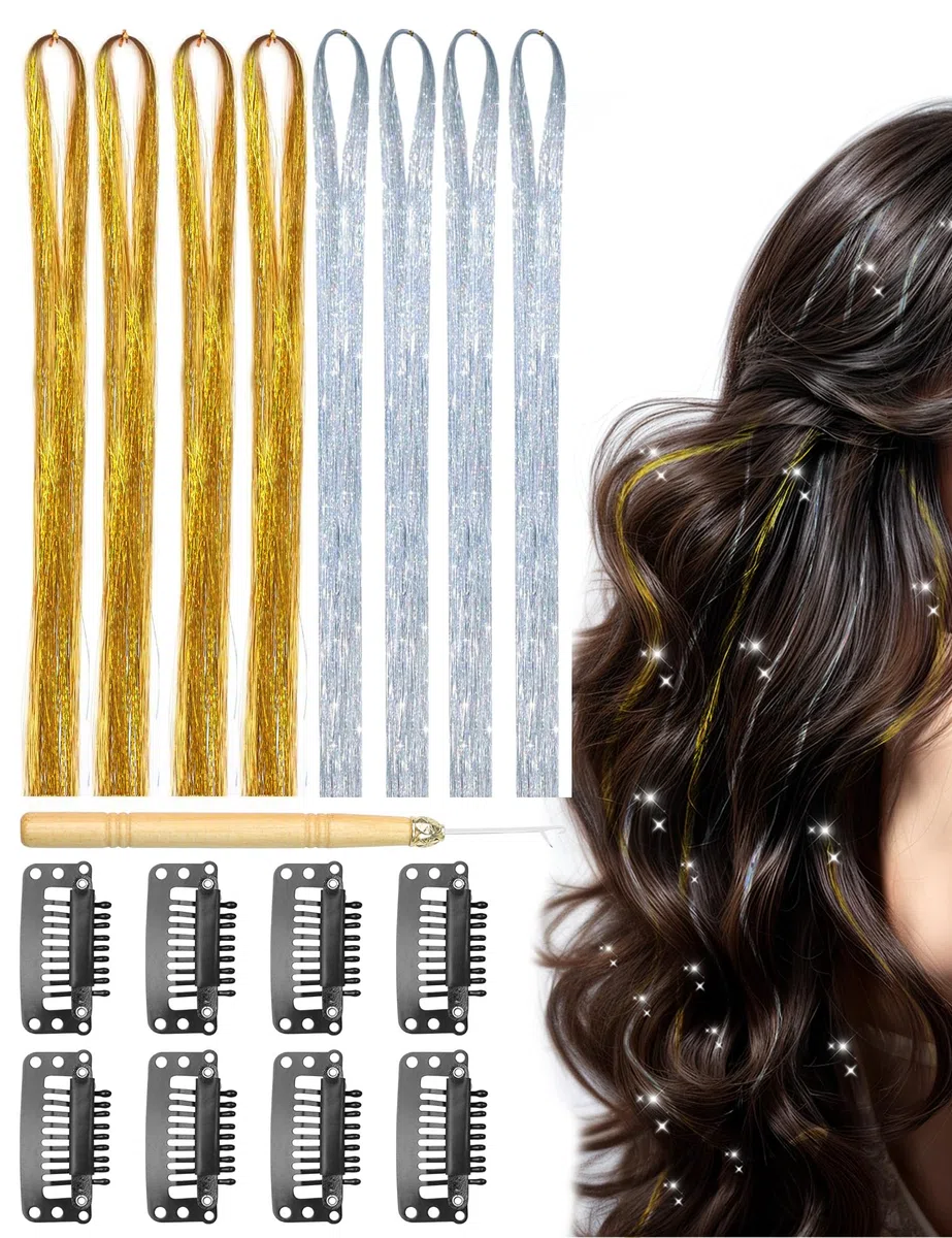 Hair Tinsel - Kit de 1440 mèches de cheveux à paillettes - 120 cm - Convient pour les festivals, les fêtes, la Saint-Valentin, les extensions de cheveux pour filles (doré et argenté)