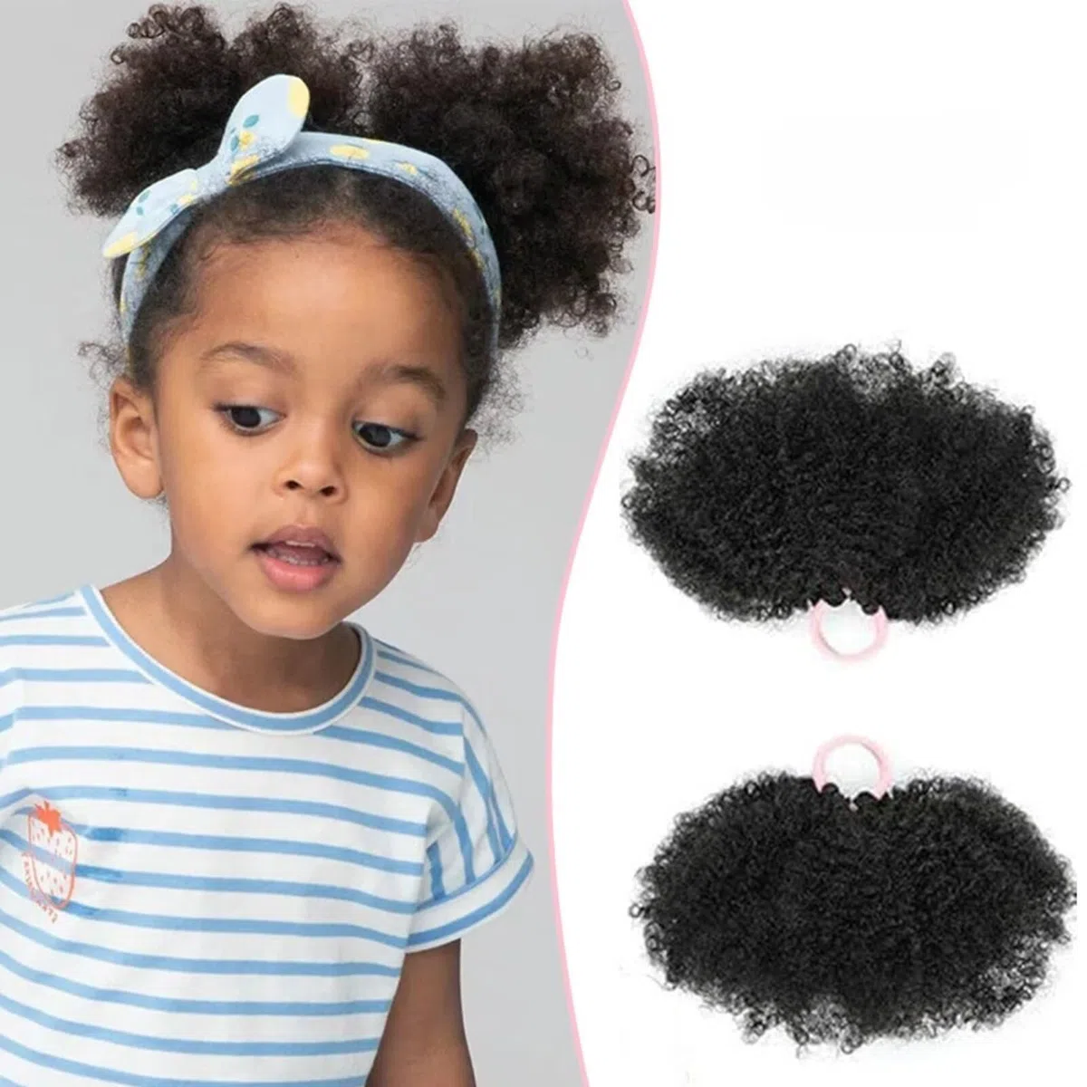 Queue de cheval afro pour enfants noirs, lot de 2 queues de cheval courtes synthétiques noires de qualité supérieure pour cheveux naturels, extension de queue de cheval avec élastique