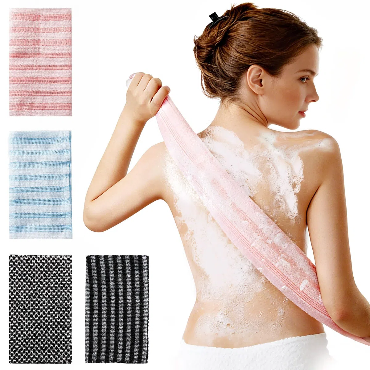 4 pièces de Serviettes exfoliantes japonaises-lingette Visage à Nettoyage en Profondeur, Chiffon de Lavage exfoliant Extra Long, Gant exfoliant pour Le Dos, Unisexe, Double Face,pour Bain et Sauna