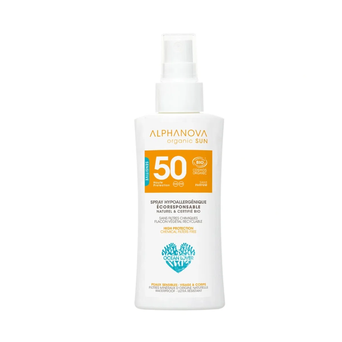 ALPHANOVA Spray solaire SPF50 Naturel et Bio - Format voyage - bagage cabine - 90g - Sans parfum