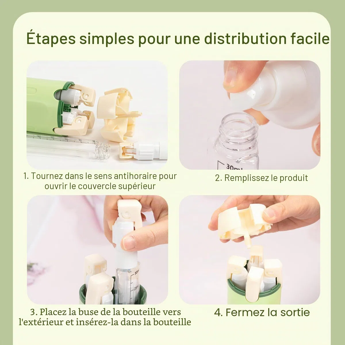 Lot de flacons distributeurs de voyage 4 en 1 : flacons compressibles rechargeables, étanches pour articles de toilette - Conteneurs de voyage portables pour shampooing, lotion, après-shampoing et