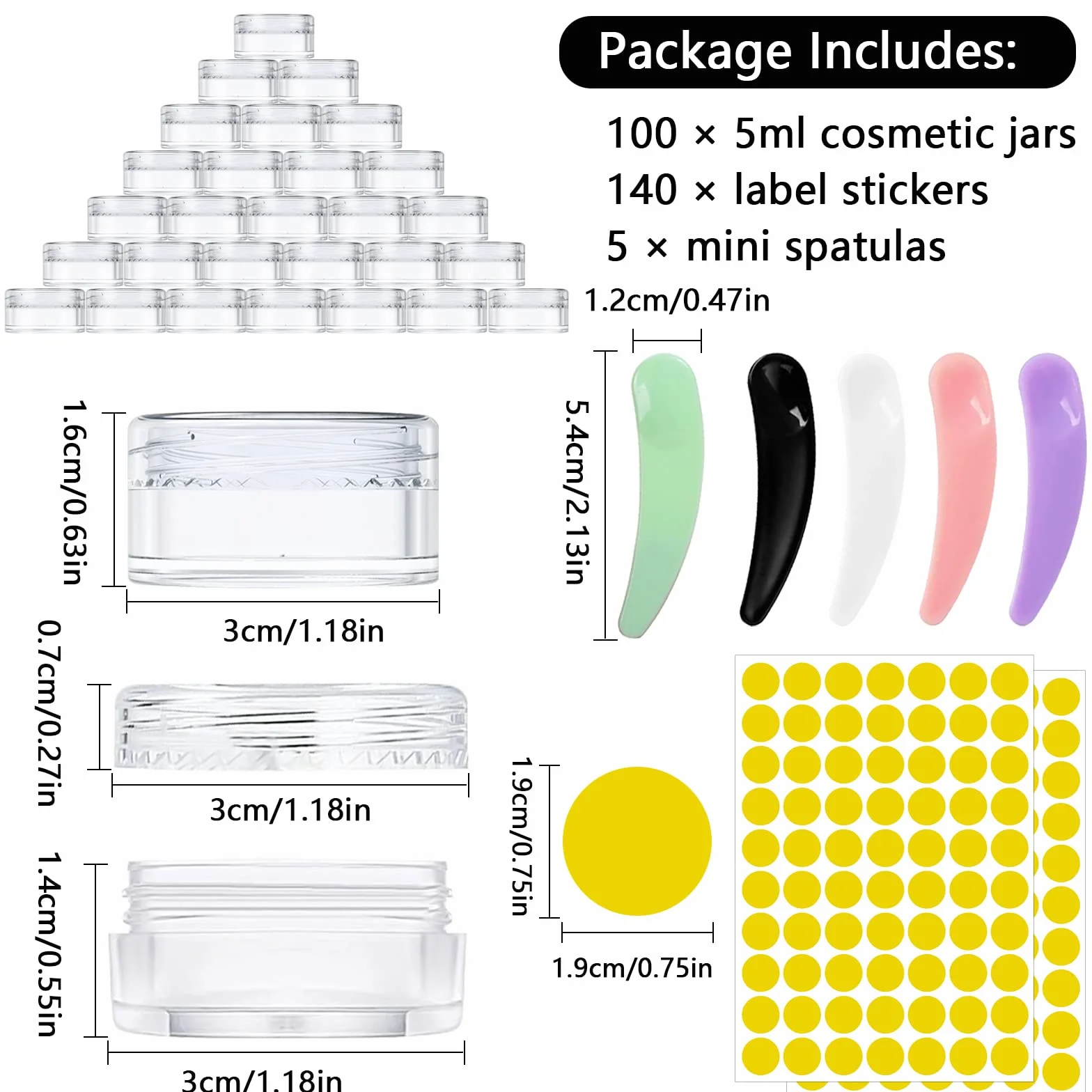 100 pots d'échantillons de voyage en plastique transparent de 5 ml/5 g avec couvercles, étiquettes, spatule, accessoires de maquillage pour produits de toilette, baumes à lèvres, crèmes,paillettes