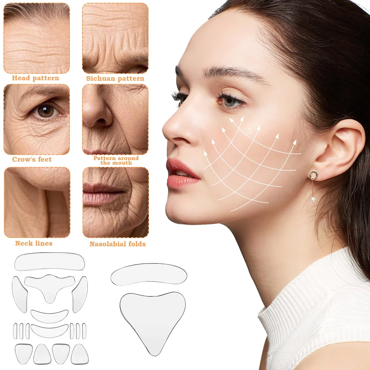 Lot de 18 Patchs Anti-Rides Réutilisables en Silicone pour Front, Yeux, Joues, cou et Poitrine, Anti-Wrinkle Patches pour le Visage Contre les Rides, Réduit l'humidité des Ridules et Anti-âge