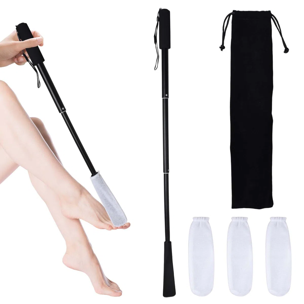 Brosse Pieds Douche à Long Manche, Brosse Entre Orteils avec Housse Douce e Lavables, Idéale Douche, Seniors, Femmes Enceintes,Manche Télescopique (43–85 cm)