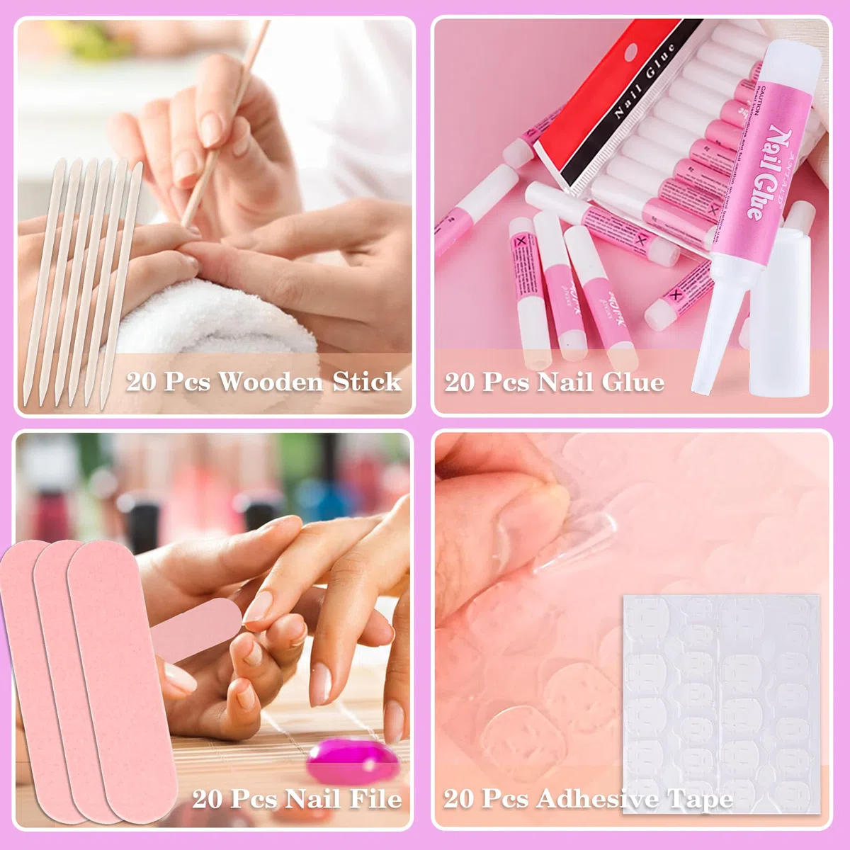 20 Sets Kit Pour Ongles Pressé Jetable de Préparation Pour Ongles, Colle pour lime à ongles, Pad de Préparation, Pastilles Adhésives pour Ongles, Bâtonnet en Bois, Notice d’utilisation, Sac (Rose)