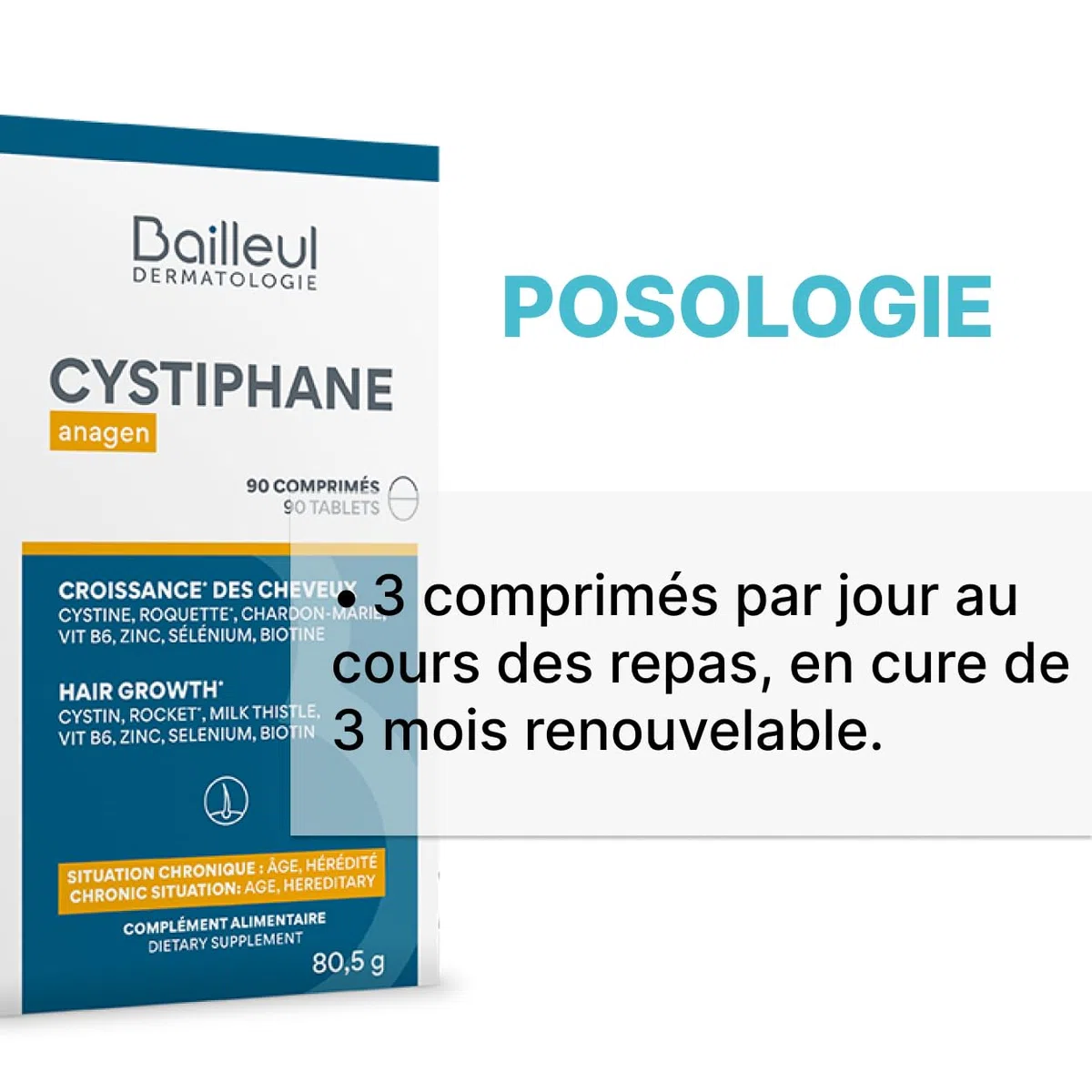 Bailleul | Cystiphane Anagen | Complément alimentaire Cheveux | Favorise la croissance & la résistance des cheveux | Chute de cheveux chroniques | Cystine – Vitamine B6 | 90 comprimés