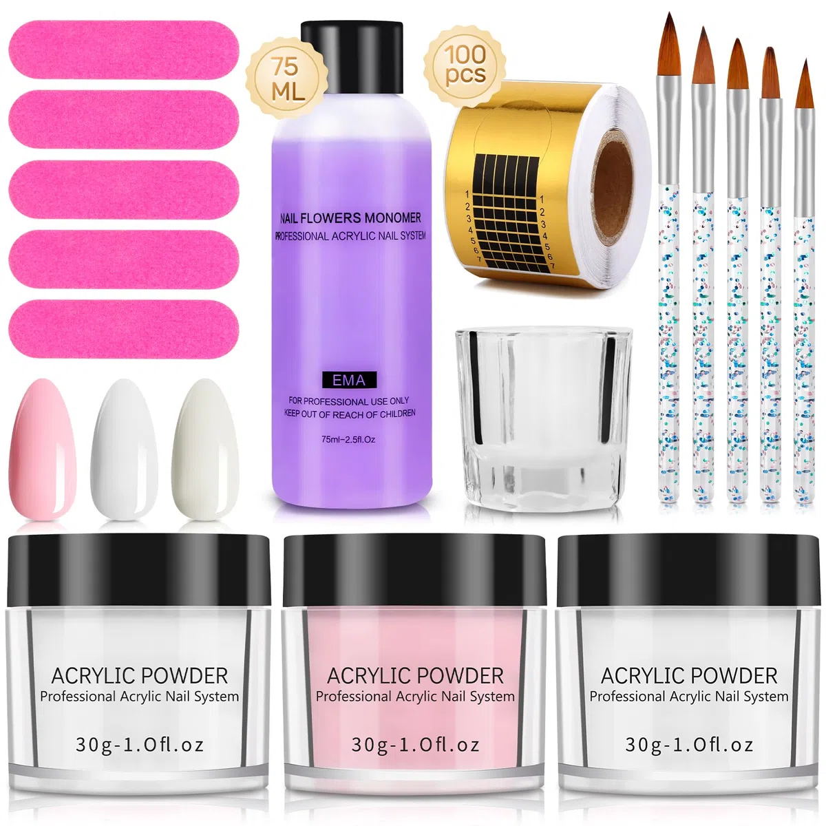 Yokilly Poudre Acrylique Pour Ongles: 30G Acrylique Kit Ongle Avec Transparent Rose Blanc Resine Ongle Poudre - Professionnels Kit Acrylique Ongles Avec Pinceau Acrylique Ongle