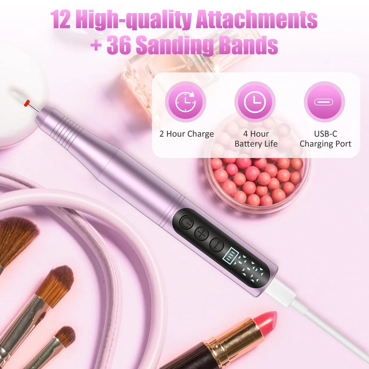 Ponceuse pour Ongles Professionnelle 20000 tr/min, 12 en 1 Lime à Ongles Electrique pour Ongles Acryliques et Gels, Set Manucure Electrique Complet, Écran LED, USB-C, 12 Embouts + 36 Bandes