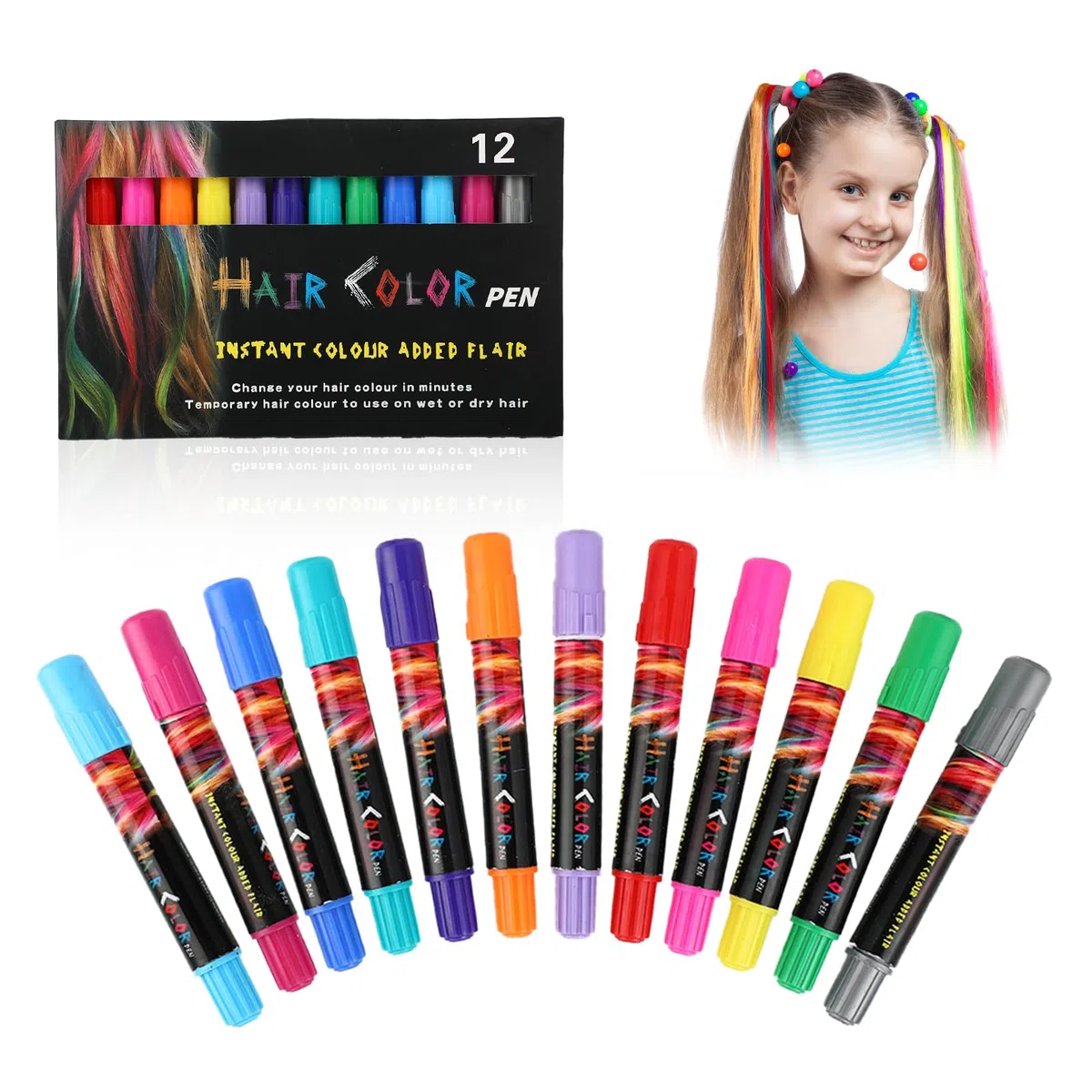 Haarkreide pour filles, 12 couleurs coloration temporaire, lavable, non toxique, idéale pour Carnaval, maquillage adolescente fille avec cire colorante cheveux rouge et laque pour cheveux Carnaval.