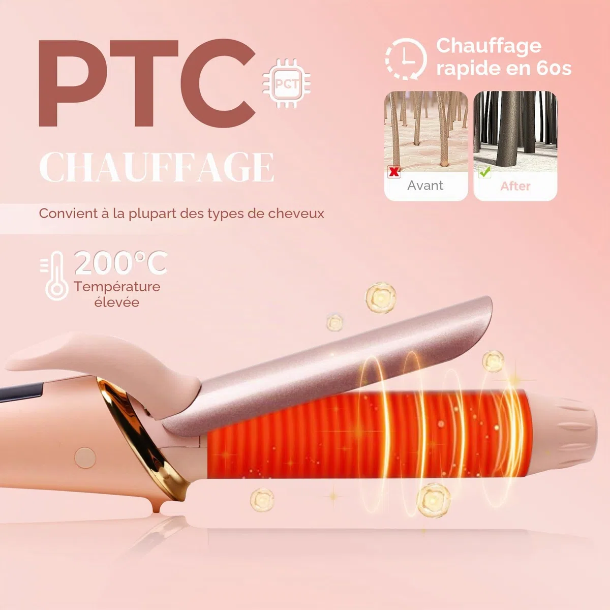 25mm fer à boucler pour cheveux courts, fer a boucler de voyage avec écran LCD, 5 réglages de température 120-200℃, fer à boucler à double tension avec pince