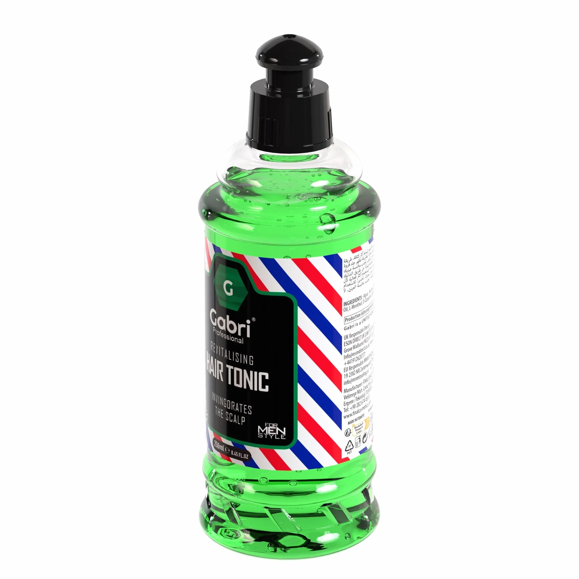 Tonique pour cheveux - Avec un design attrayant de Barber Shop - Vert rafraîchissant à l'intérieur et parfum irrésistible - 250 ml (1 pièce)
