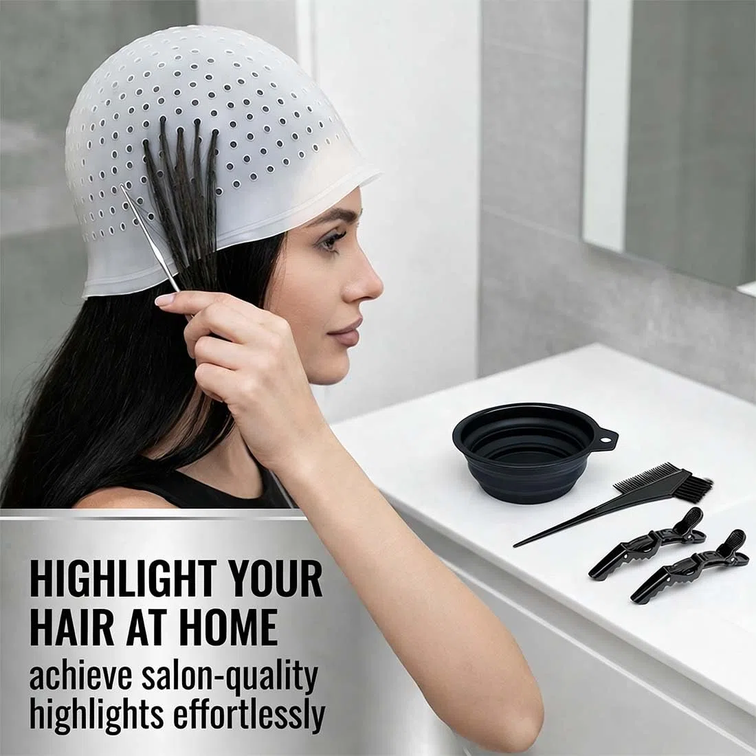 1 Set Bonnet Meches Cheveux, Kit Coloration Cheveux Professionnel avec Bonnet en Silicone et Outils, Pour Salon de Coiffure et Usage Domestique, Noir et Blanc