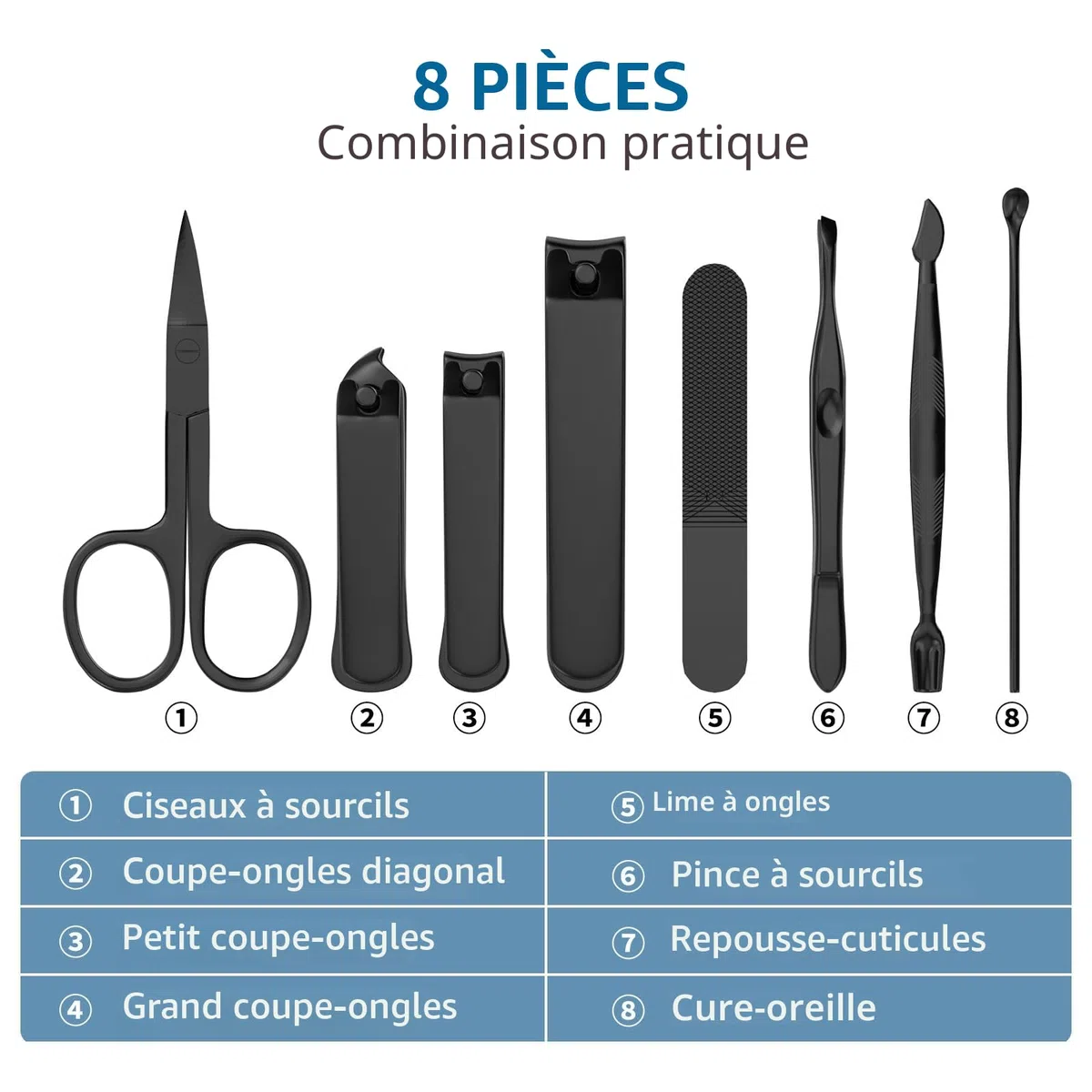 Precision Kit de Voyage Pour Soins Des Ongles Pour Homme 8 Pièces, Ensemble de Manucure en Acier Inoxydable Avec Coupe-ongles et Coupe-ongles, Lime à Ongles, Pince à Pointe Inclinée