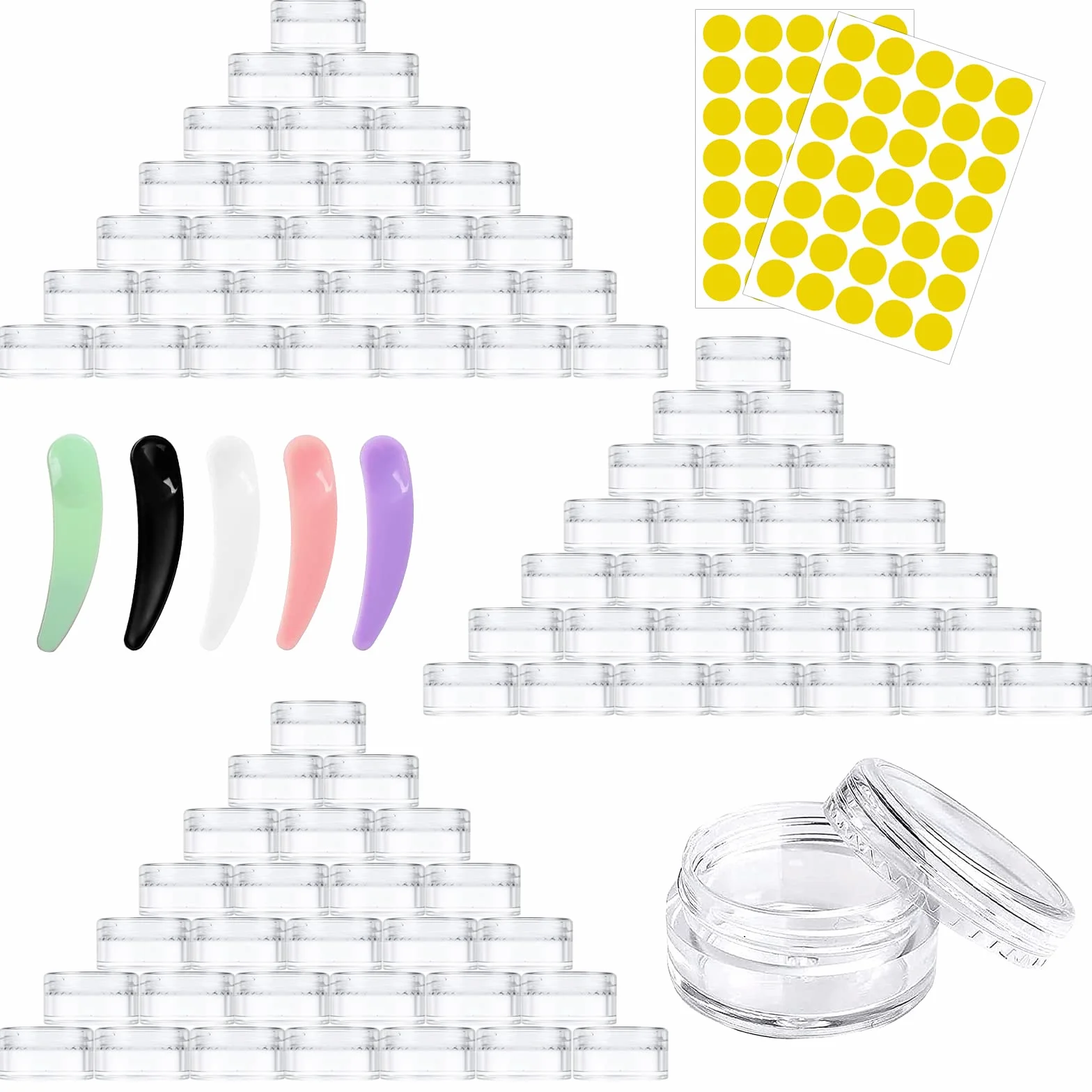 100 pots d'échantillons de voyage en plastique transparent de 5 ml/5 g avec couvercles, étiquettes, spatule, accessoires de maquillage pour produits de toilette, baumes à lèvres, crèmes,paillettes