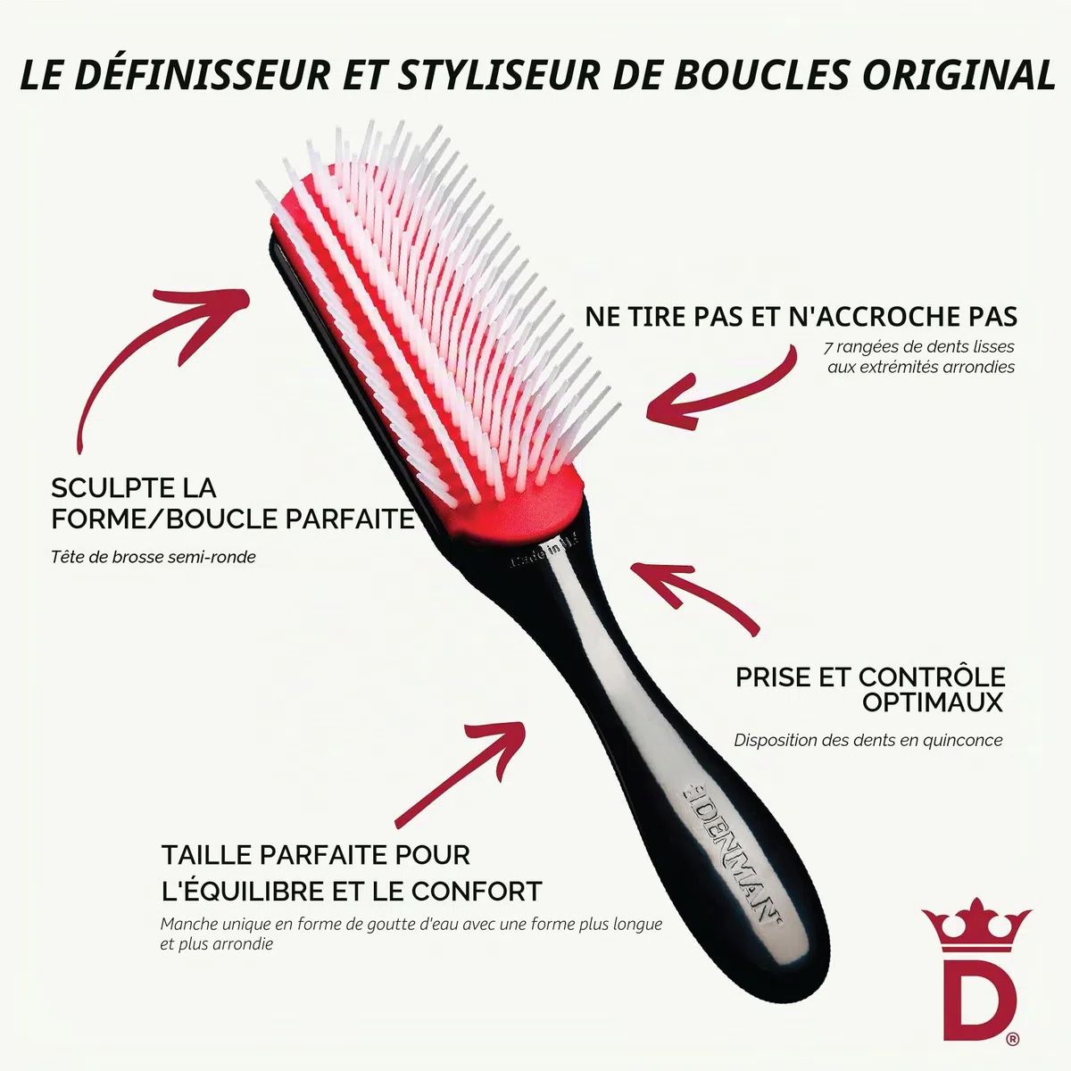 Denman Curly Hair Brush D3 (Black & Red) 7 Row Styling Brush for Detangling, Separating, Shaping and Defining Curls - For Women and Men