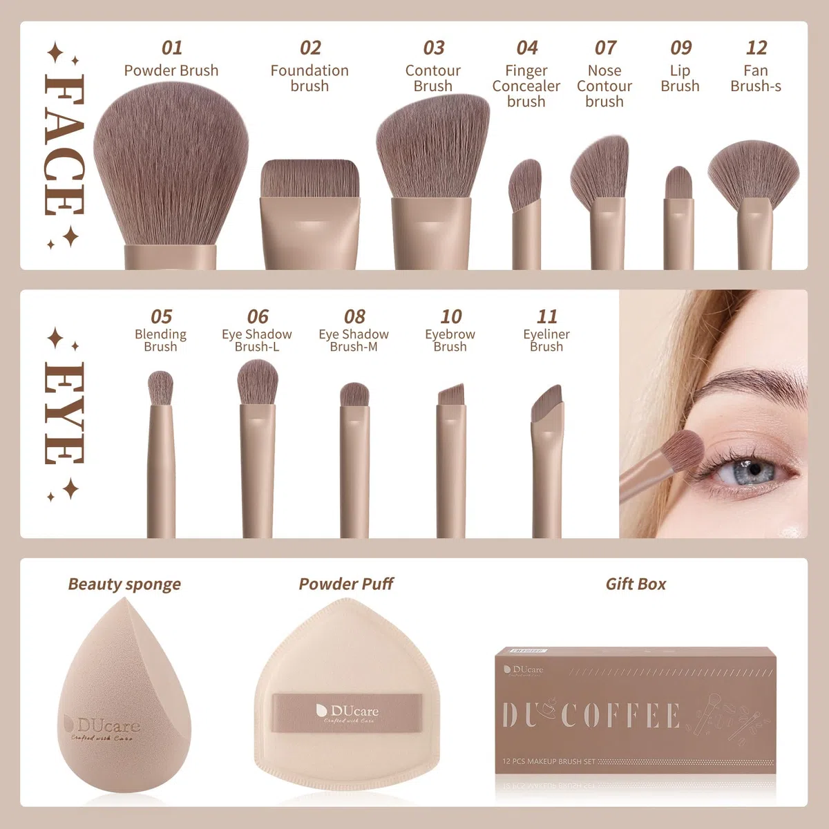 DUcare Pinceaux Maquillages 12PCS Set de pinceau Maquillage Professionnel avec Éponge de Maquillage Houppette Pinceau Fond de Teint, Blush et Anticernes pour Liquides Crèmes et Poudres Cadeau de Noël