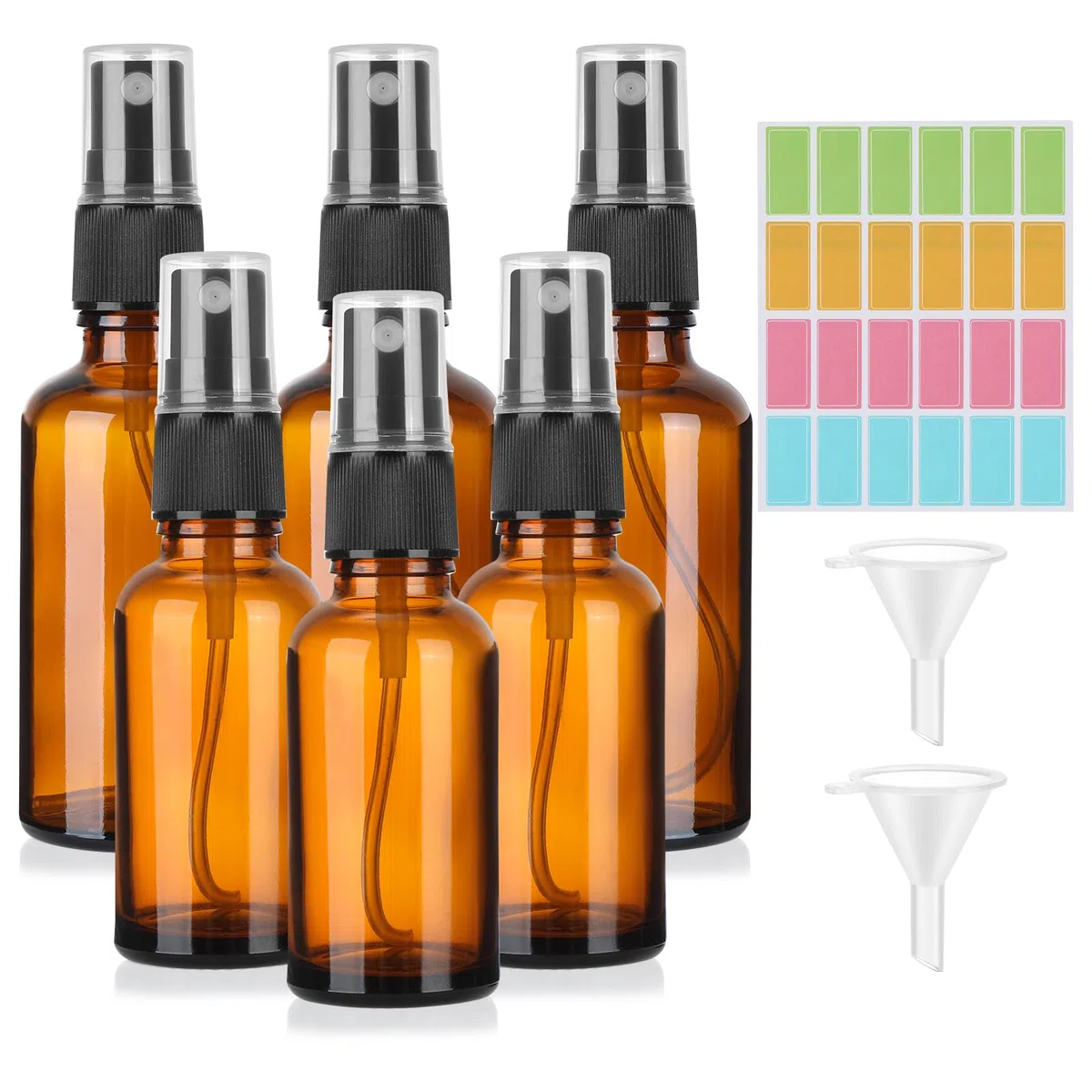 6 Pièces Flacon Pulvérisateur Vide En Verre Brun, 50ml 30ml Vaporisateur Vide avec 2 Entonnoirs et Étiquettes, Spray Bottle avec Protection Contre Les UV, Spray Vides pour Huiles Essentielles