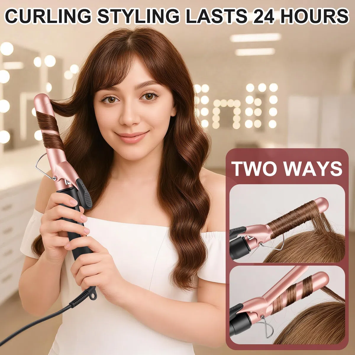 Fer à boucler 25 mm, Boucleur a Cheveux en céramique avec température réglable pour cheveux longs et moyens, double tension professionnel Fers à friser avec gant