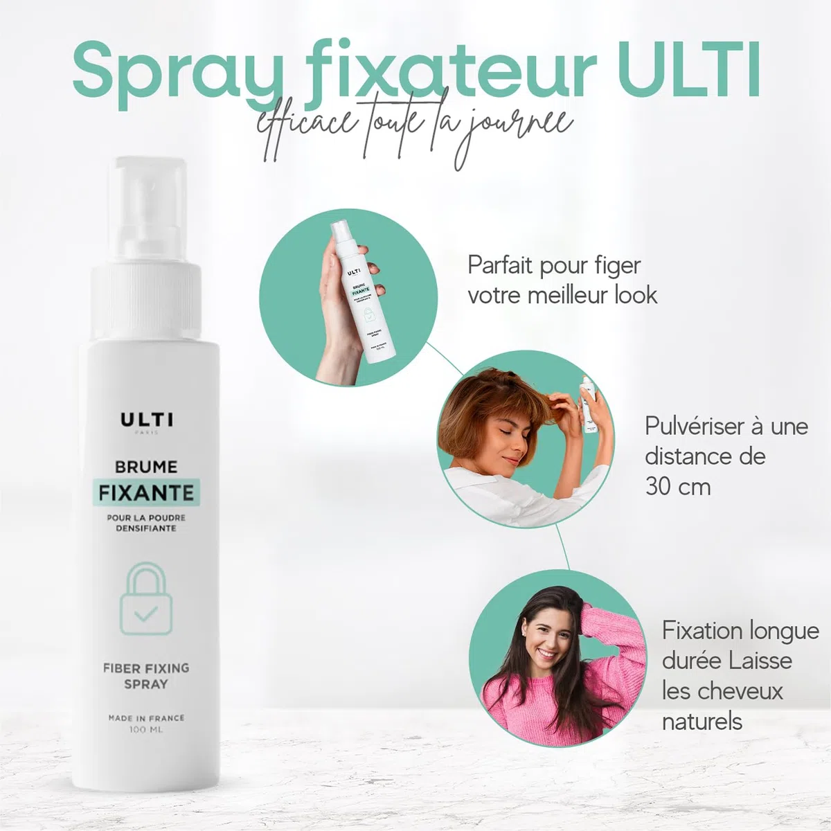 Spray fixateur 100ml - 100% fabriqué en France - 89% origine naturelle - laque cheveux sans aerosol - parfait pour poudre densifiante pour cheveux - spray coiffant homme & femme