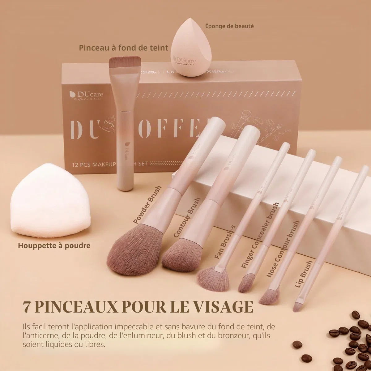 DUcare Pinceaux Maquillages 12PCS Set de pinceau Maquillage Professionnel avec Éponge de Maquillage Houppette Pinceau Fond de Teint, Blush et Anticernes pour Liquides Crèmes et Poudres Cadeau de Noël