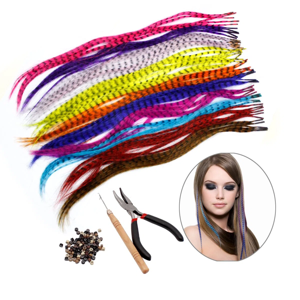 Lot de 52 extensions de cheveux - en plumes synthétiques - 100 perles, une pince et un crochet