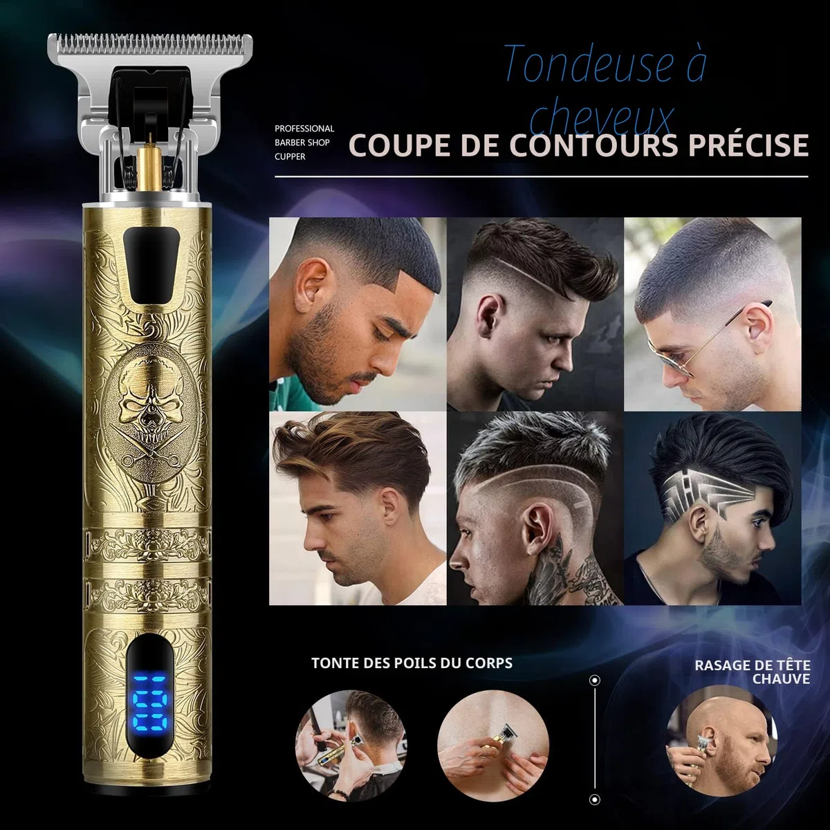 Tondeuse Cheveux Hommes, Tondeuse Barbe Electriques Professionnelle, Sans Fil Rasoir, Écran à LED, Rechargeable, Silencieuse pour les Enfants et la Famille