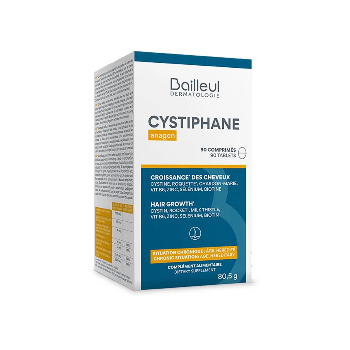 Bailleul | Cystiphane Anagen | Complément alimentaire Cheveux | Favorise la croissance & la résistance des cheveux | Chute de cheveux chroniques | Cystine – Vitamine B6 | 90 comprimés